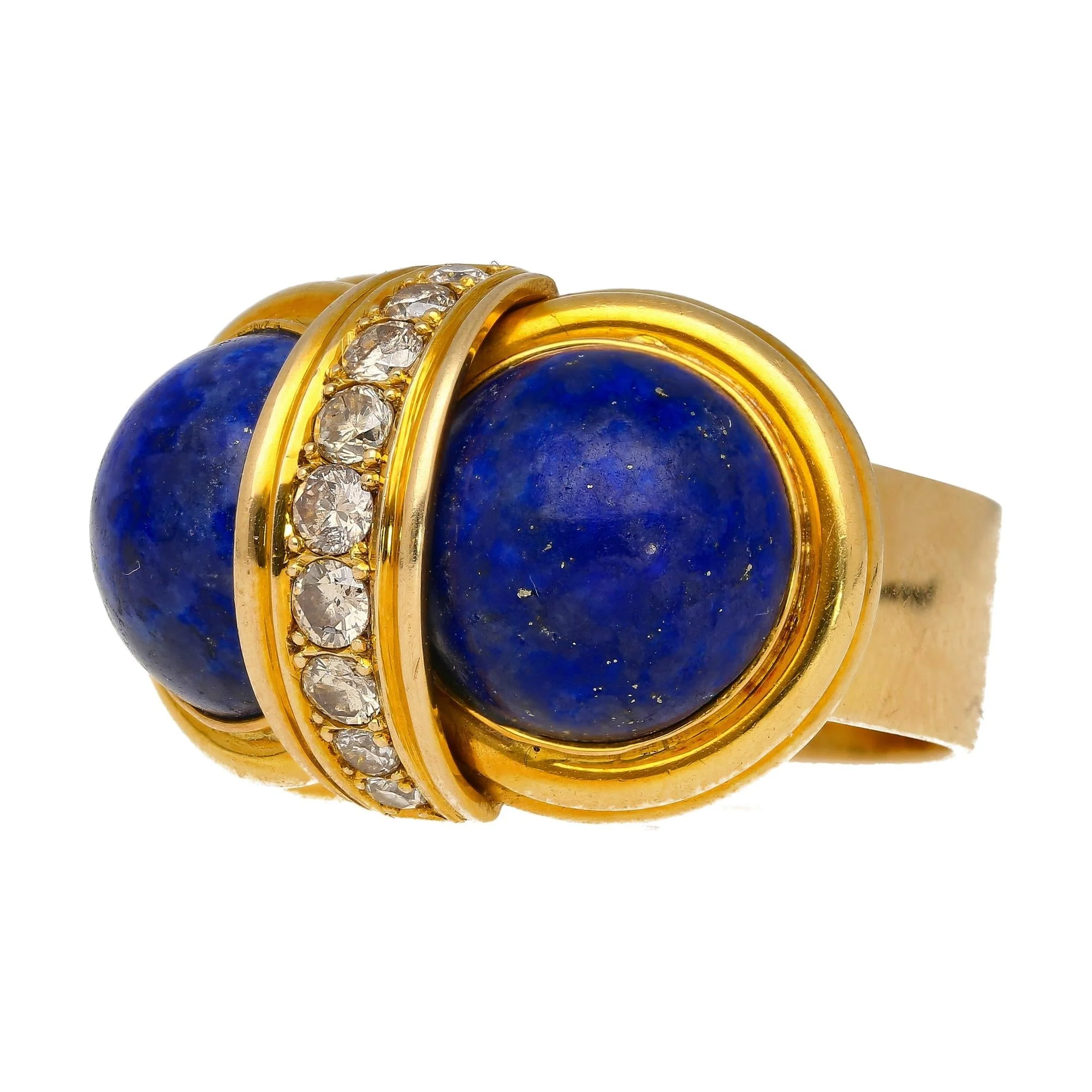 Vintage Cabochon Cut Lapis Lazuli and Diamond in 18K Yellow Gold Statement Rings - Image 4