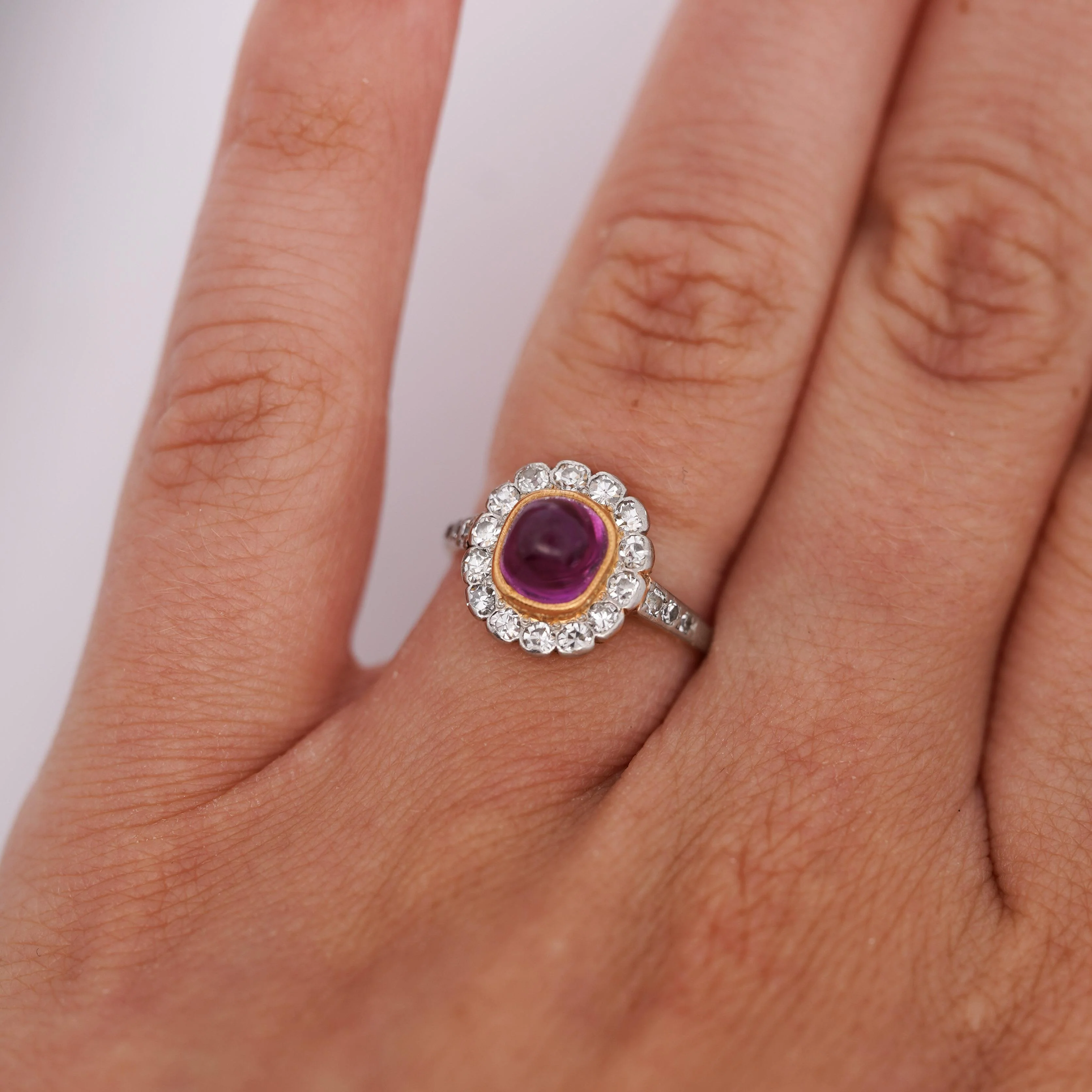 Vintage Cabochon Pinkish Purple Sapphire & Old Euro Diamond Floral Halo Ring - Image 2