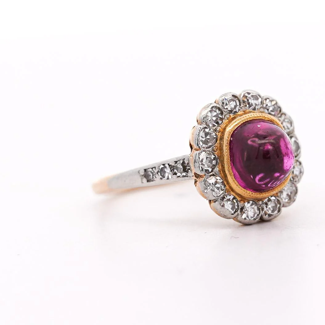 Vintage Cabochon Pinkish Purple Sapphire & Old Euro Diamond Floral Halo Ring - Image 3
