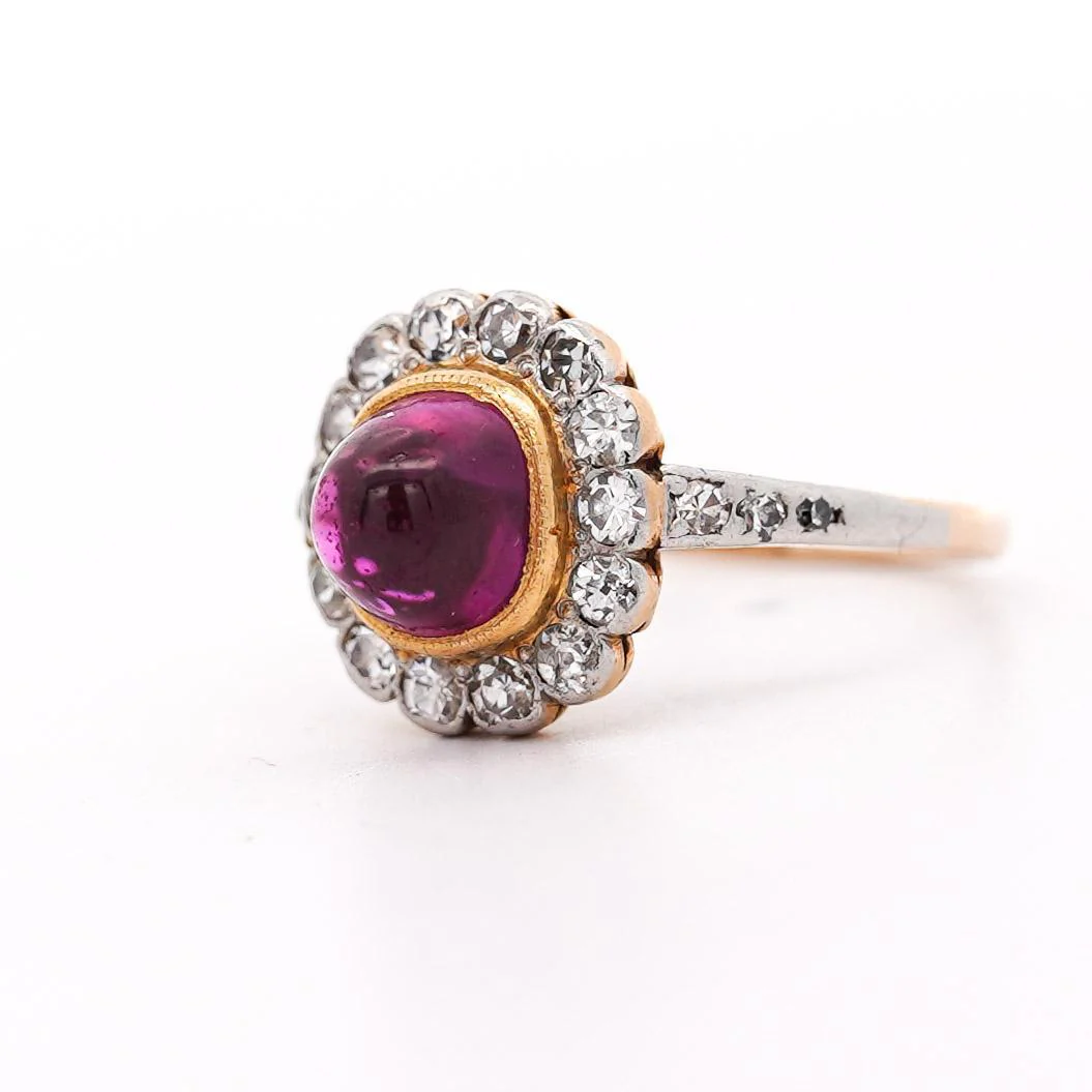 Vintage Cabochon Pinkish Purple Sapphire & Old Euro Diamond Floral Halo Ring - Image 4