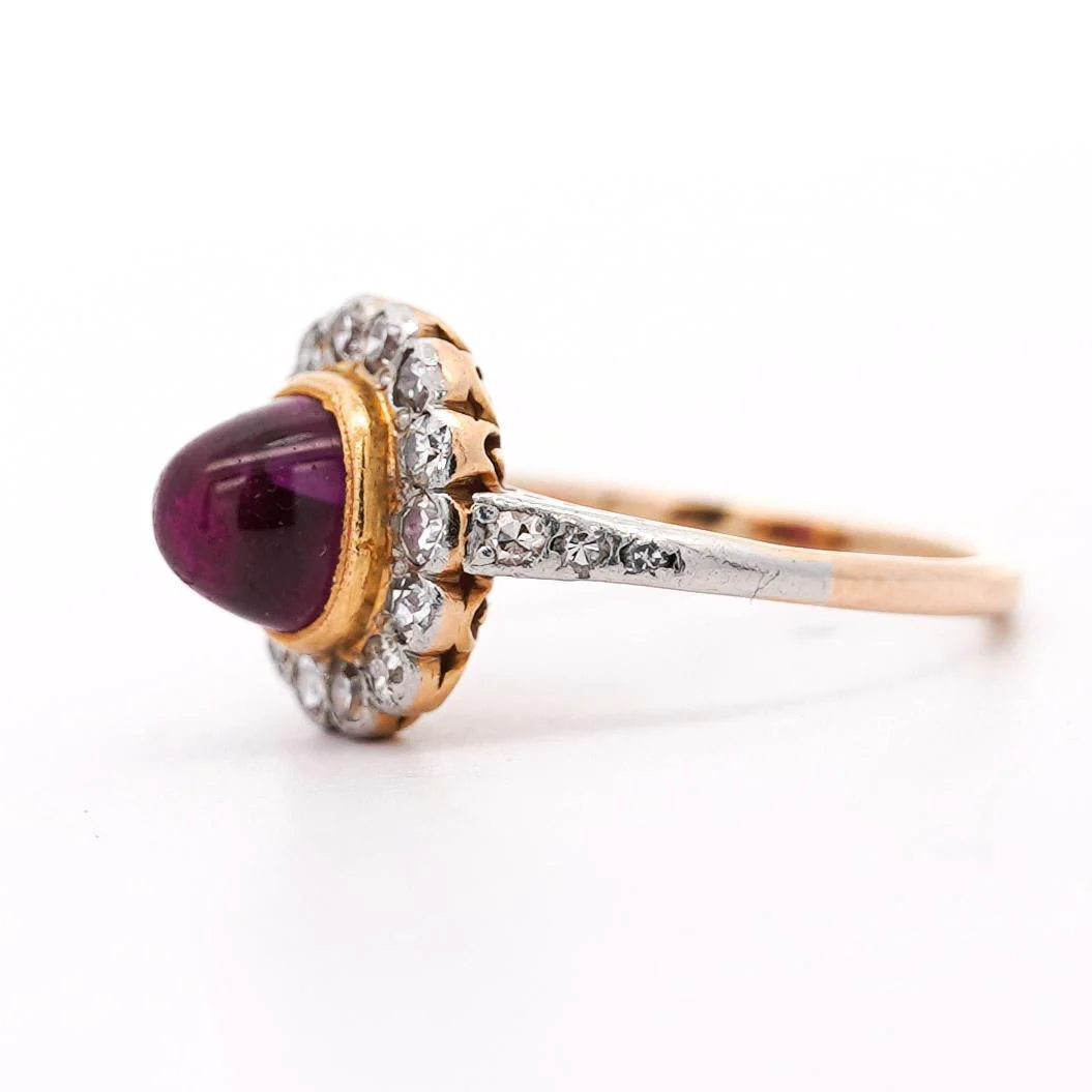 Vintage Cabochon Pinkish Purple Sapphire & Old Euro Diamond Floral Halo Ring - Image 5