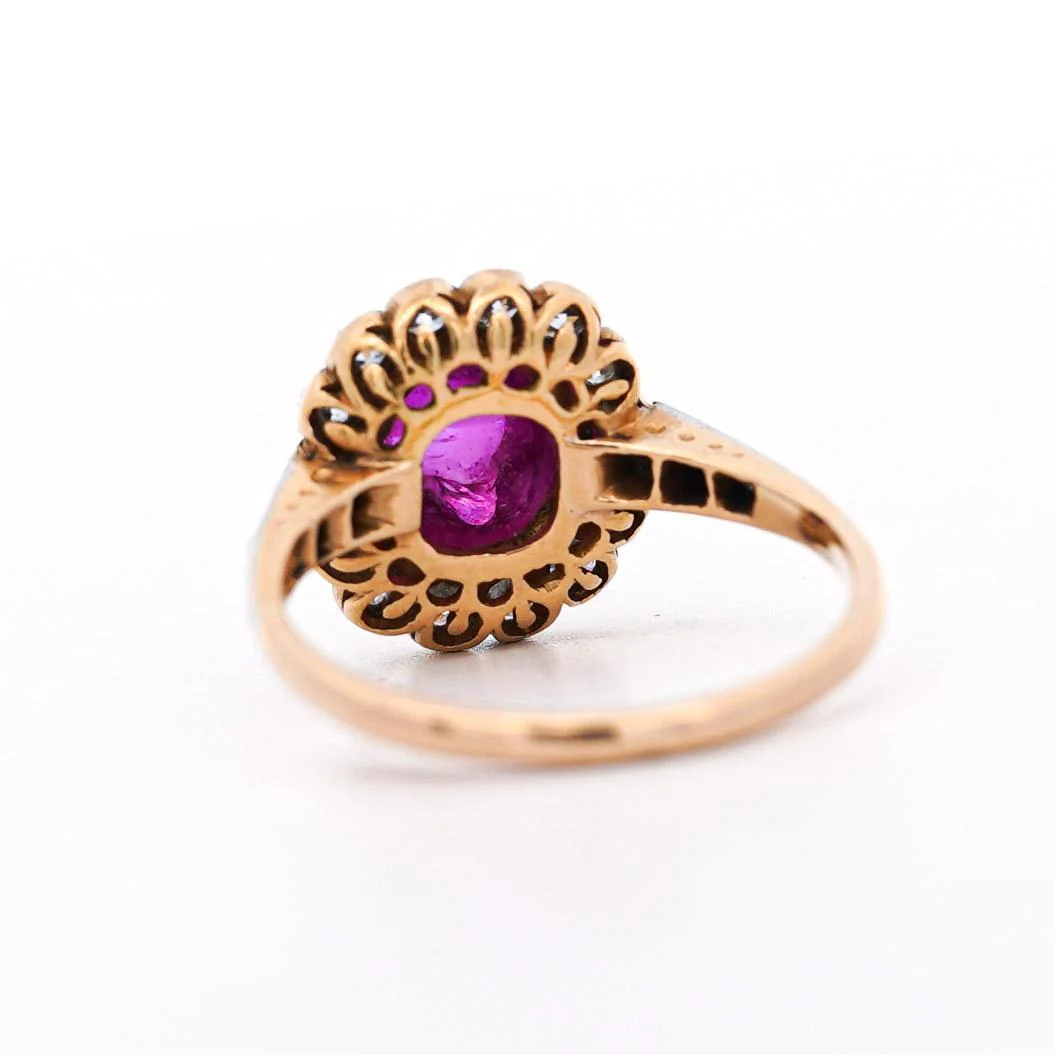 Vintage Cabochon Pinkish Purple Sapphire & Old Euro Diamond Floral Halo Ring - Image 6