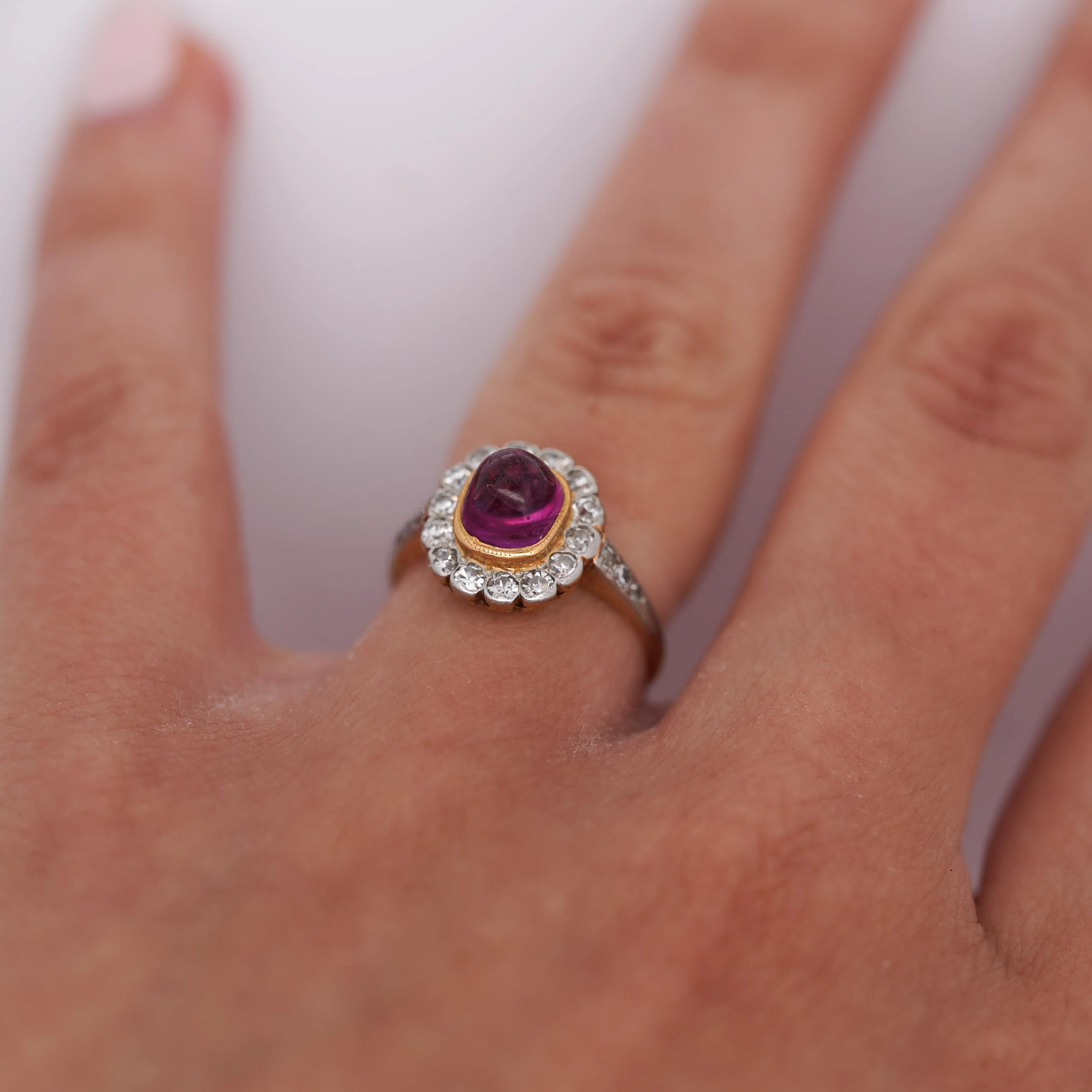 Vintage Cabochon Pinkish Purple Sapphire & Old Euro Diamond Floral Halo Ring - Image 7