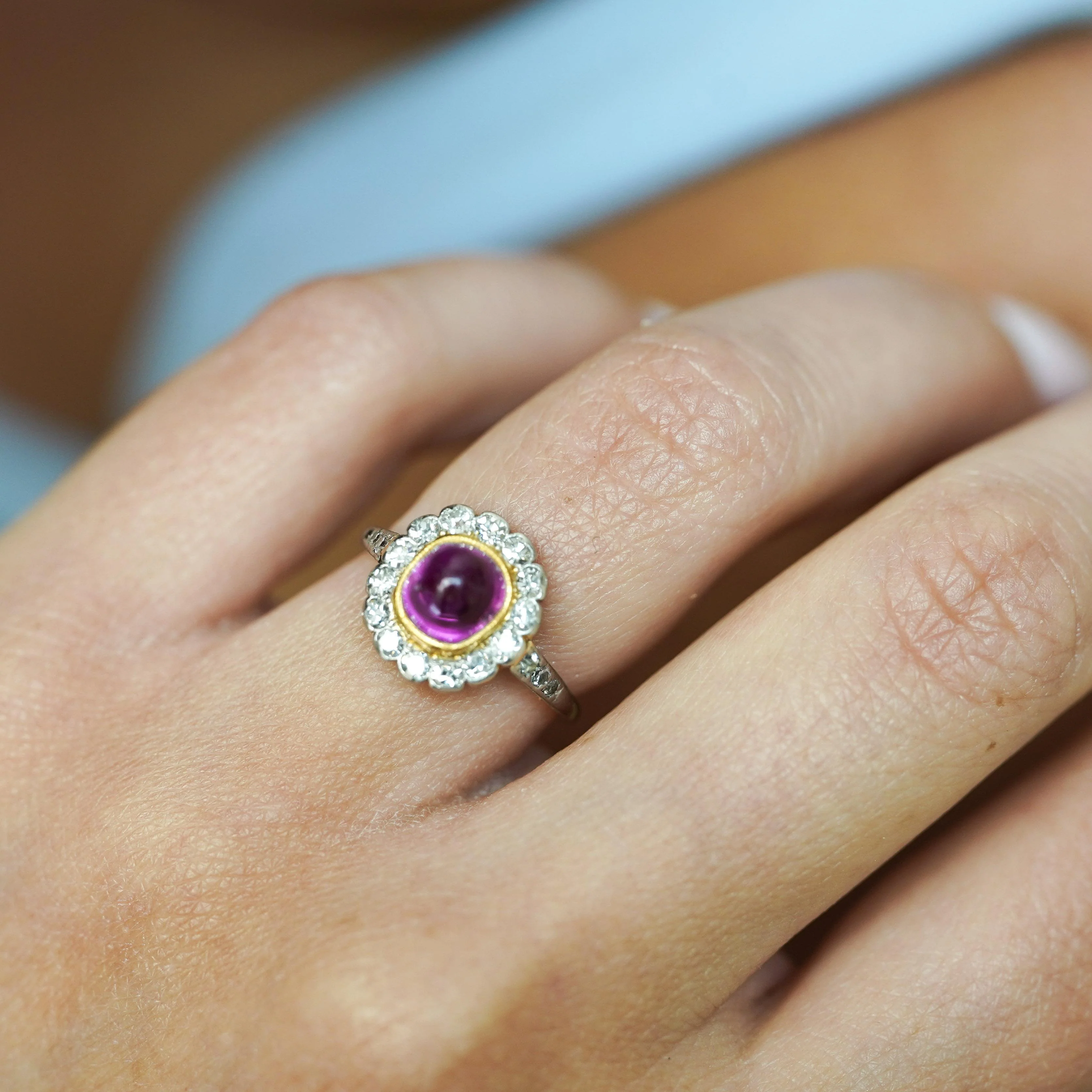 Vintage Cabochon Pinkish Purple Sapphire & Old Euro Diamond Floral Halo Ring - Image 8