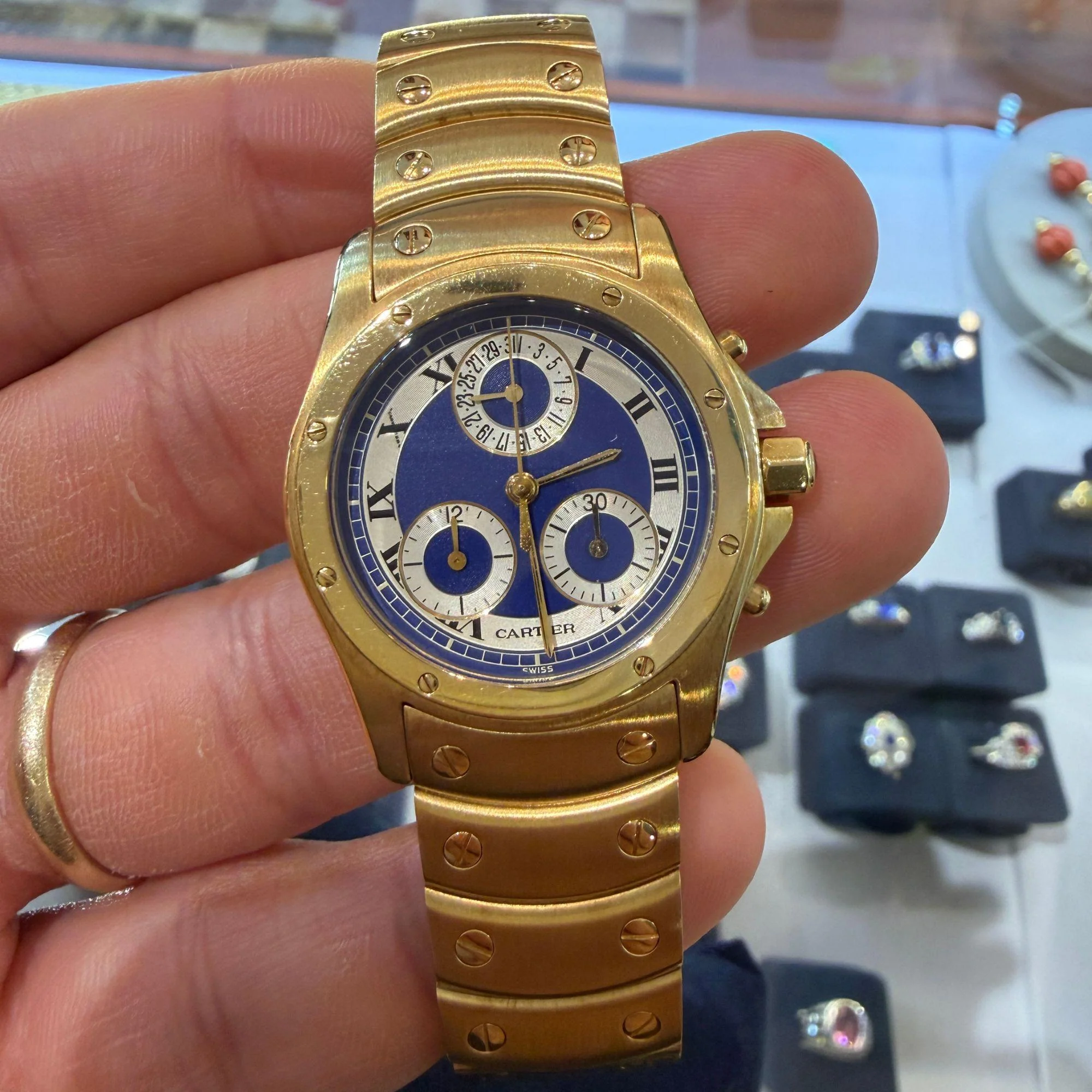 Vintage Cartier Ronde Blue Chronograph 18K Gold 30mm Watch - Image 11