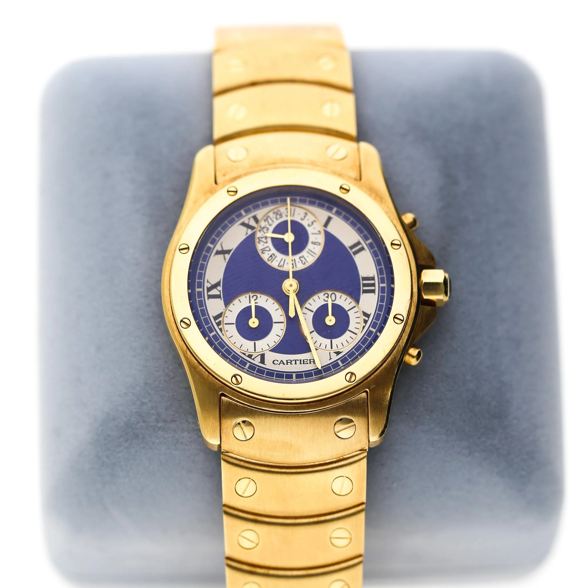 Vintage Cartier Ronde Blue Chronograph 18K Gold 30mm Watch - Image 2