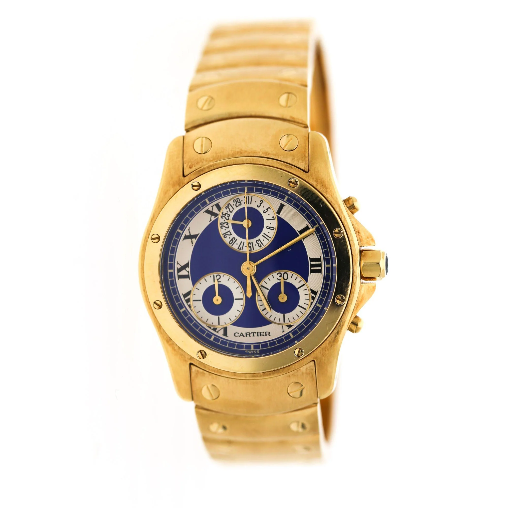 Vintage Cartier Ronde Blue Chronograph 18K Gold 30mm Watch - Image 3