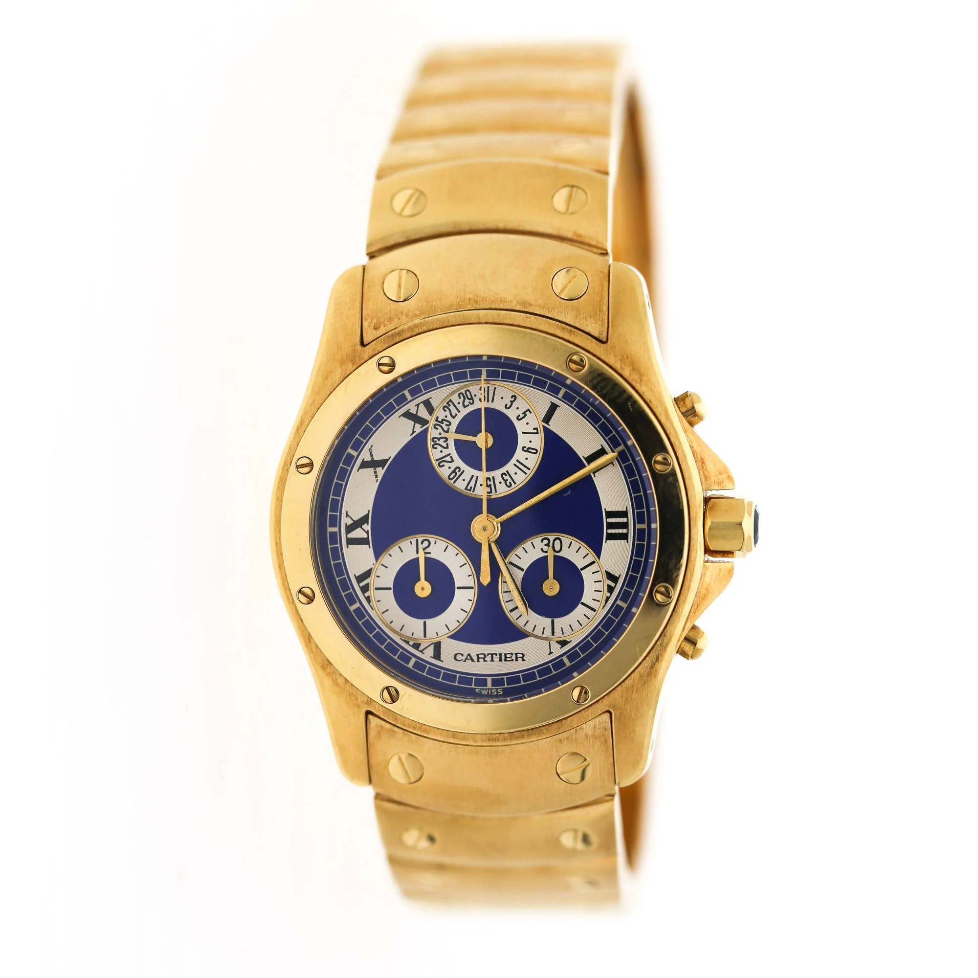 Vintage Cartier Ronde Blue Chronograph 18K Gold 30mm Watch - Image 6