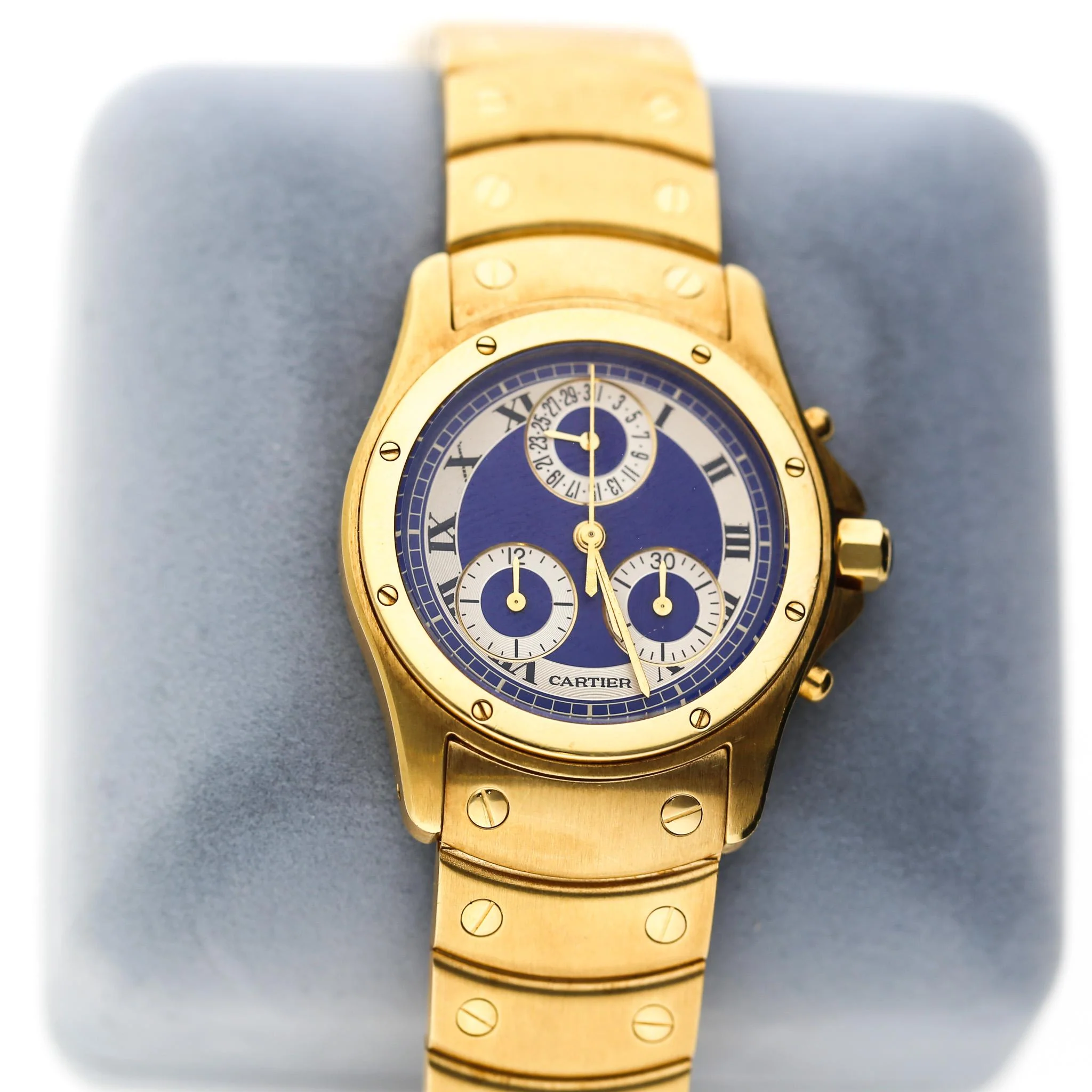 Vintage Cartier Ronde Blue Chronograph 18K Gold 30mm Watch - Image 8