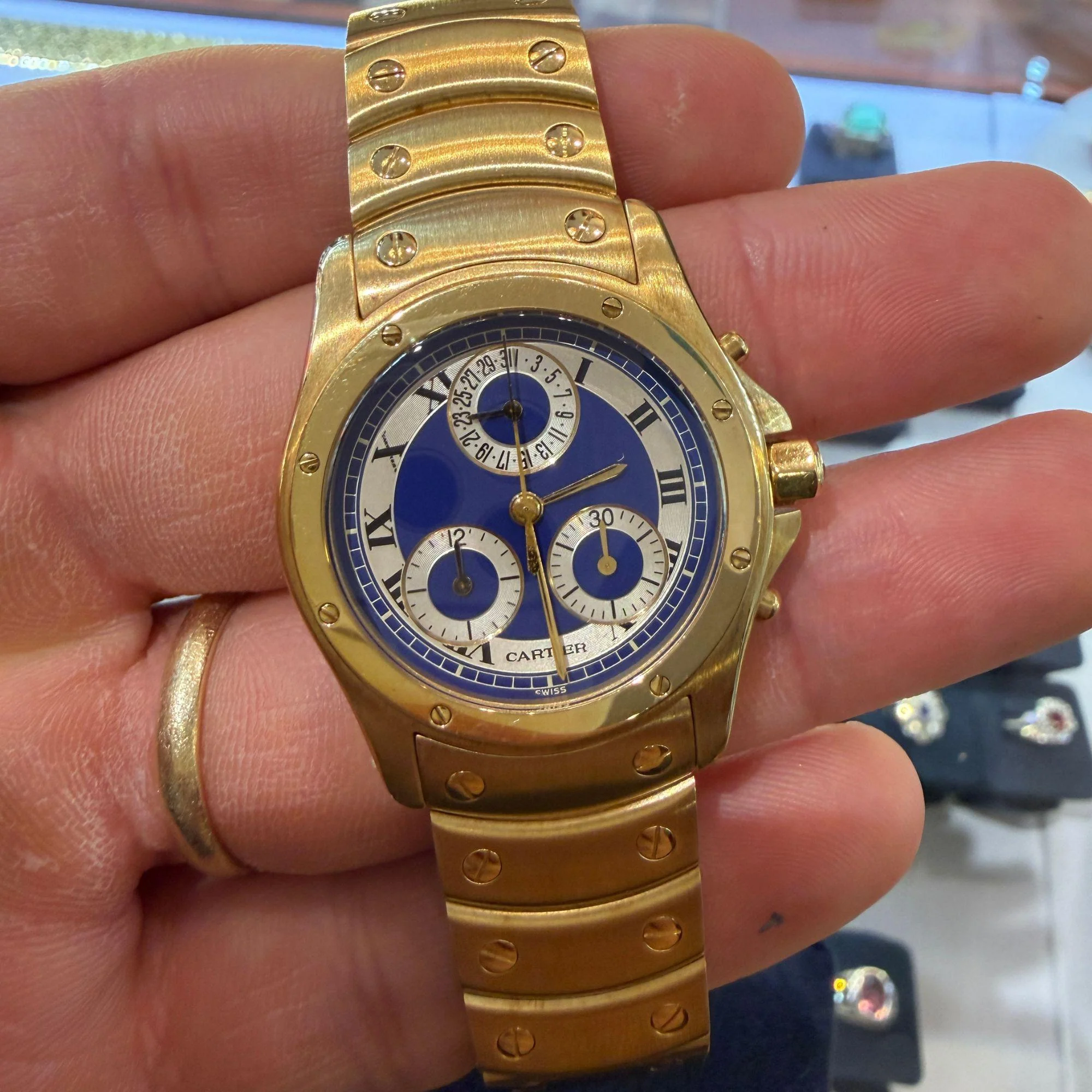 Vintage Cartier Ronde Blue Chronograph 18K Gold 30mm Watch - Image 9
