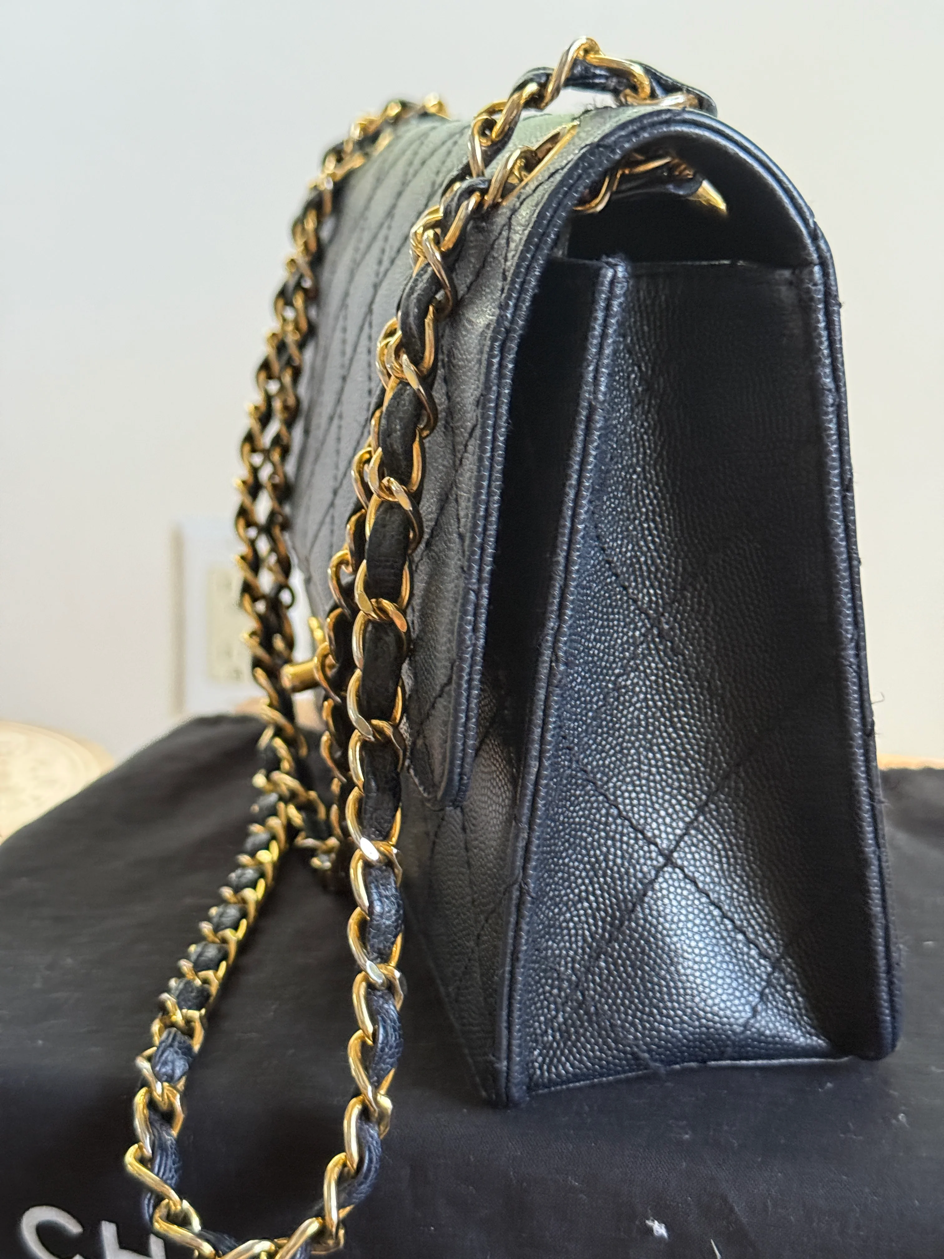 Vintage Rare Original Chanel Medium Classic Flap – Navy Blue Caviar Leather - Image 6