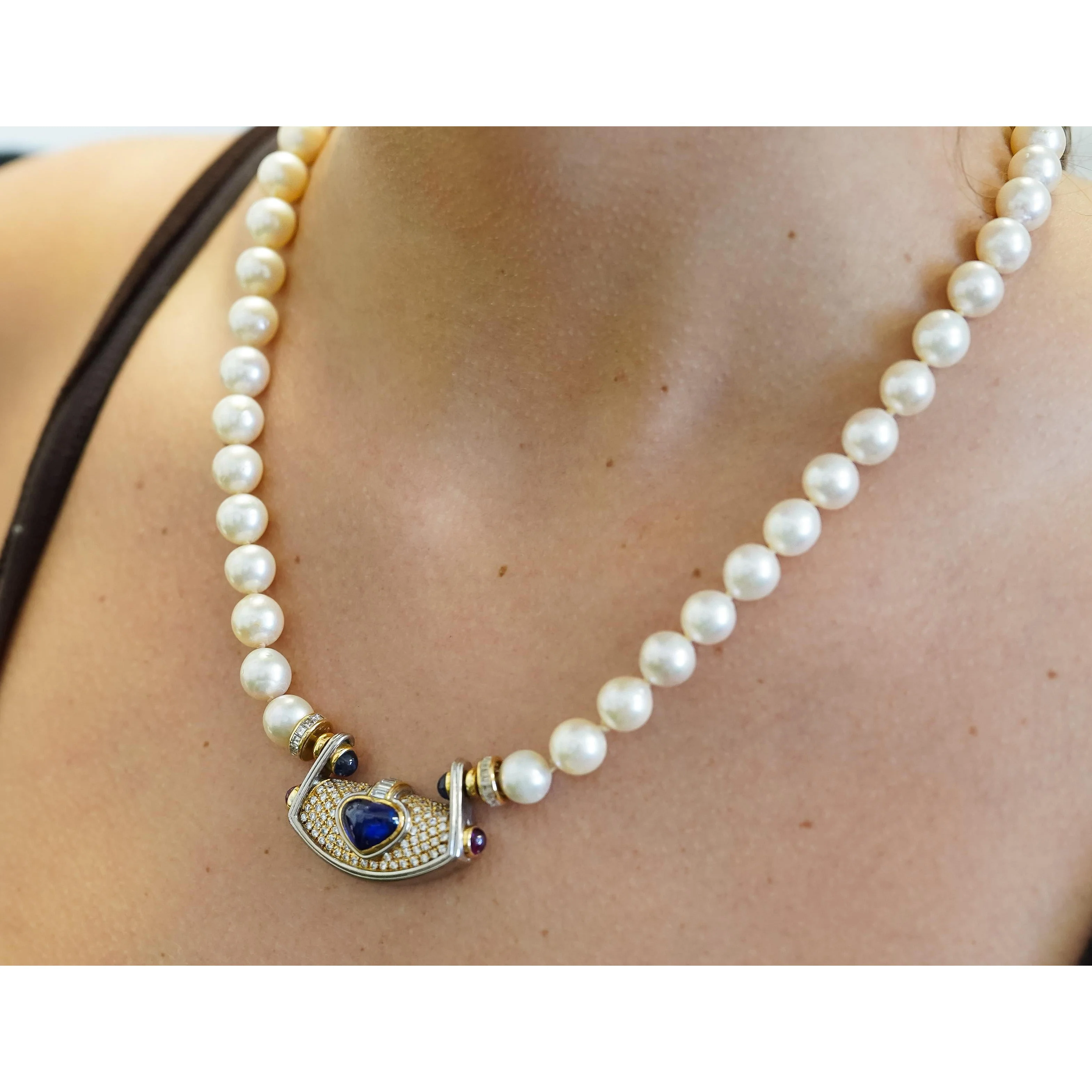 Vintage GIA Certified 5 Carat Heart Blue Sapphire, Diamond & Pearl Necklace - Image 7