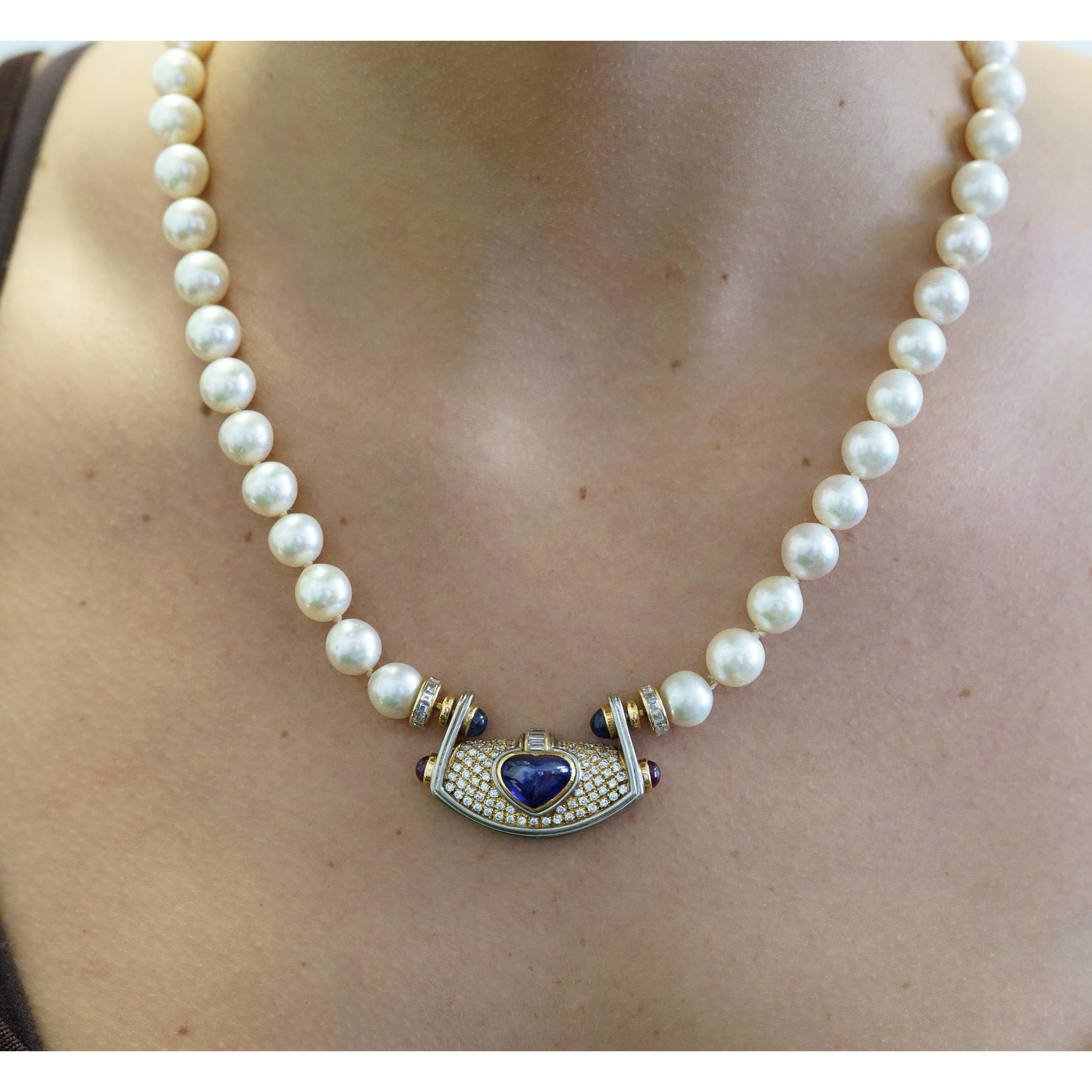 Vintage GIA Certified 5 Carat Heart Blue Sapphire, Diamond & Pearl Necklace - Image 8