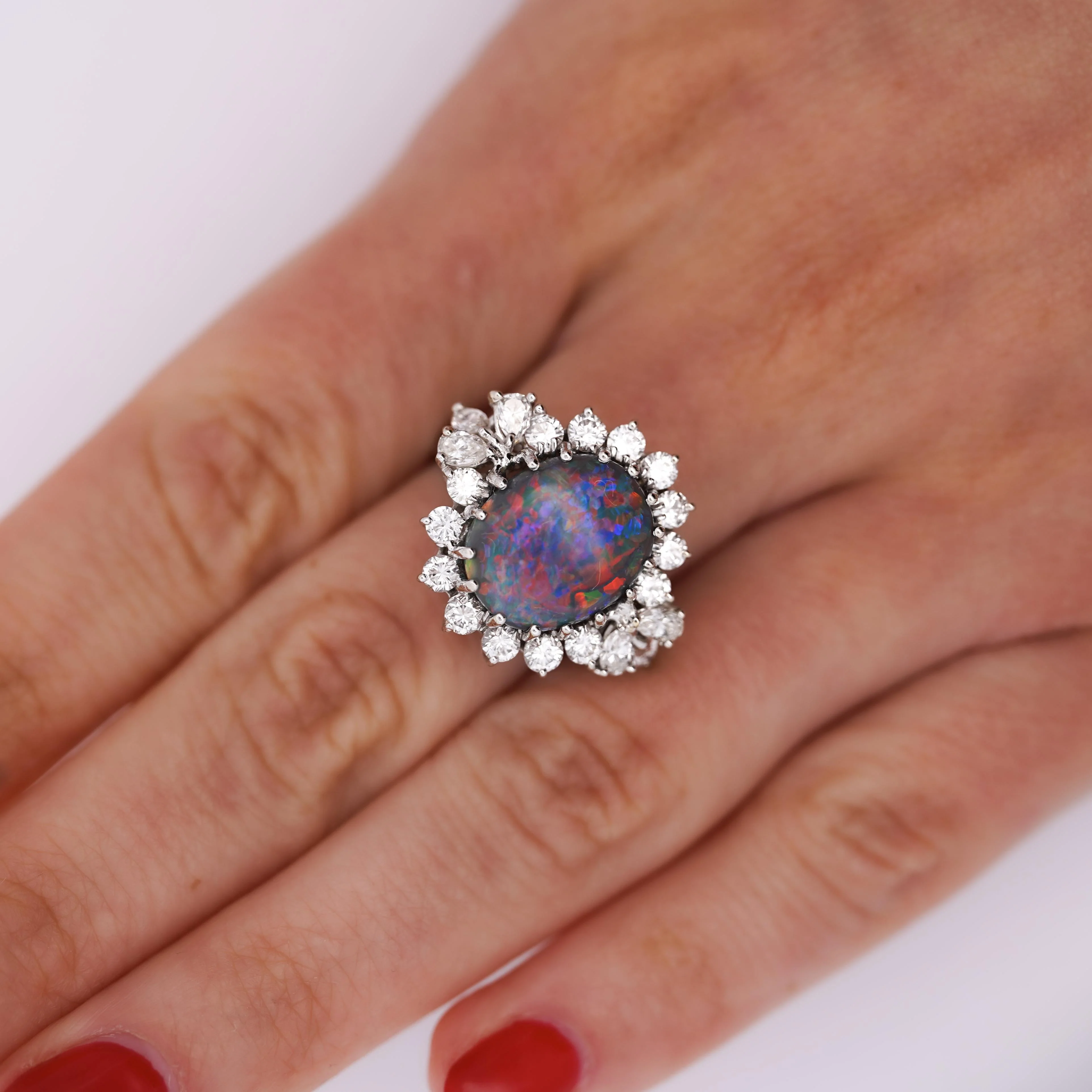 Vintage GIA Certified Black Opal Mixed Cut Diamond Halo 14K Cocktail Ring - Image 2