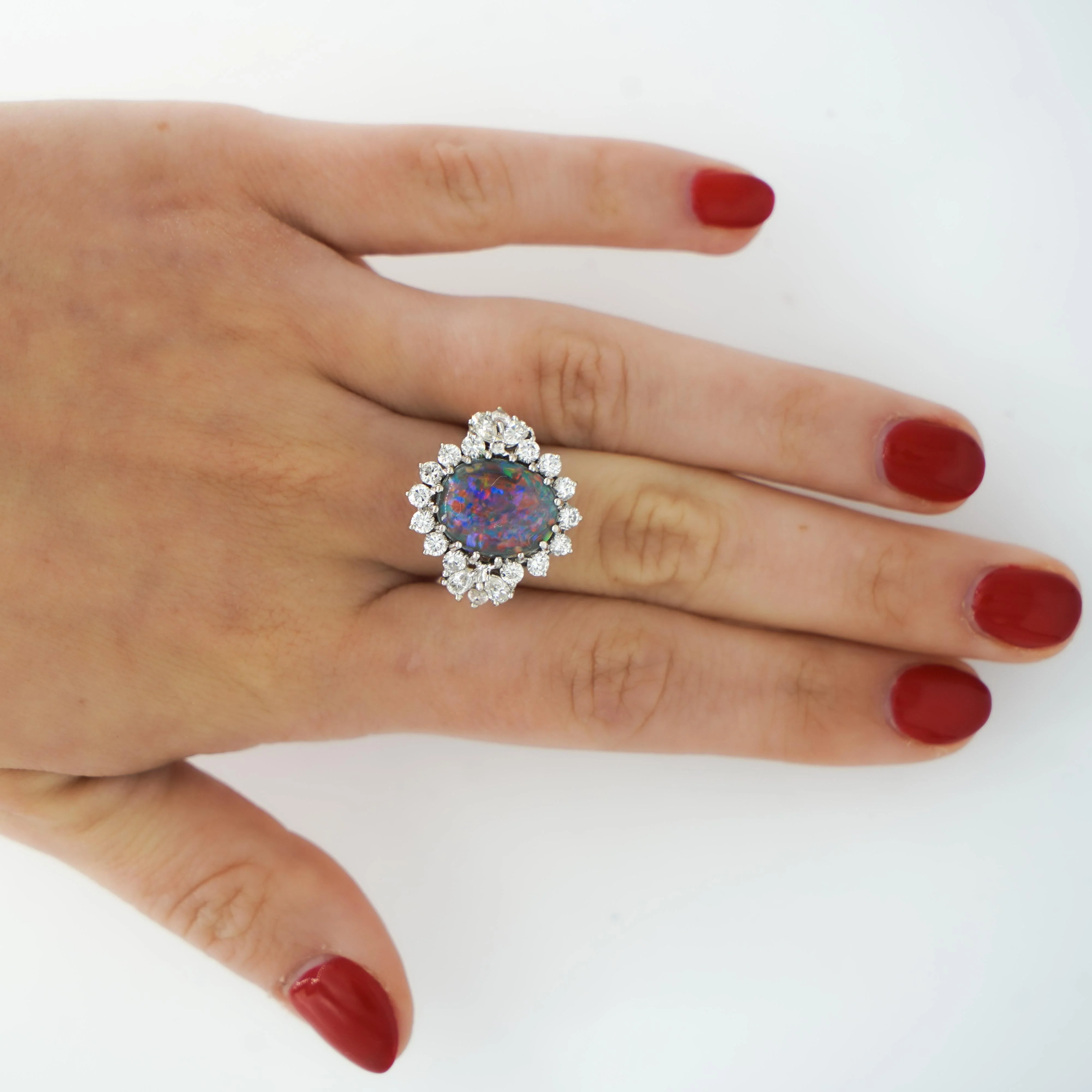 Vintage GIA Certified Black Opal Mixed Cut Diamond Halo 14K Cocktail Ring - Image 7