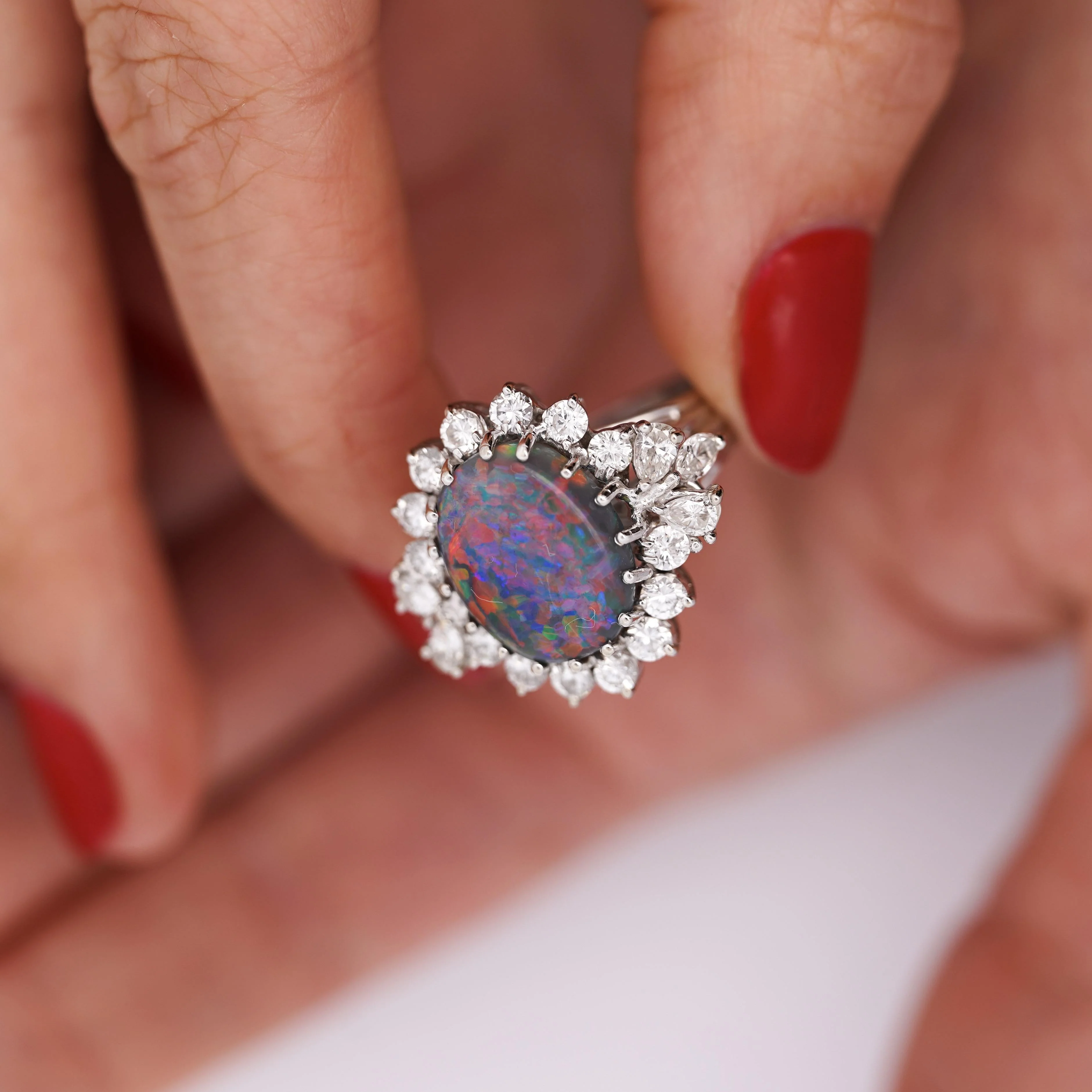 Vintage GIA Certified Black Opal Mixed Cut Diamond Halo 14K Cocktail Ring - Image 9