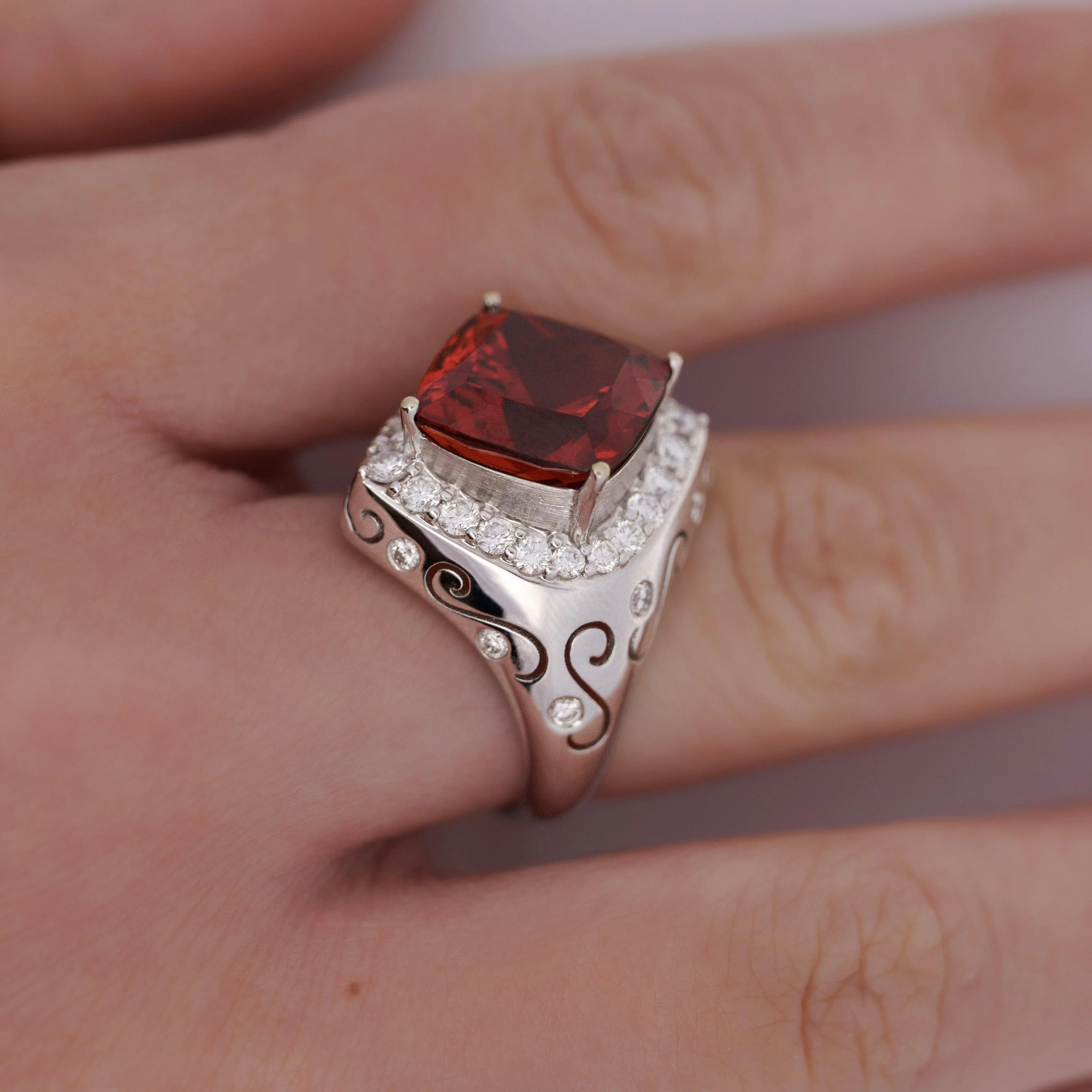 Vintage GIA Certified Orange Spessartine Garnet & Diamond 18K White Gold Ring - Image 6