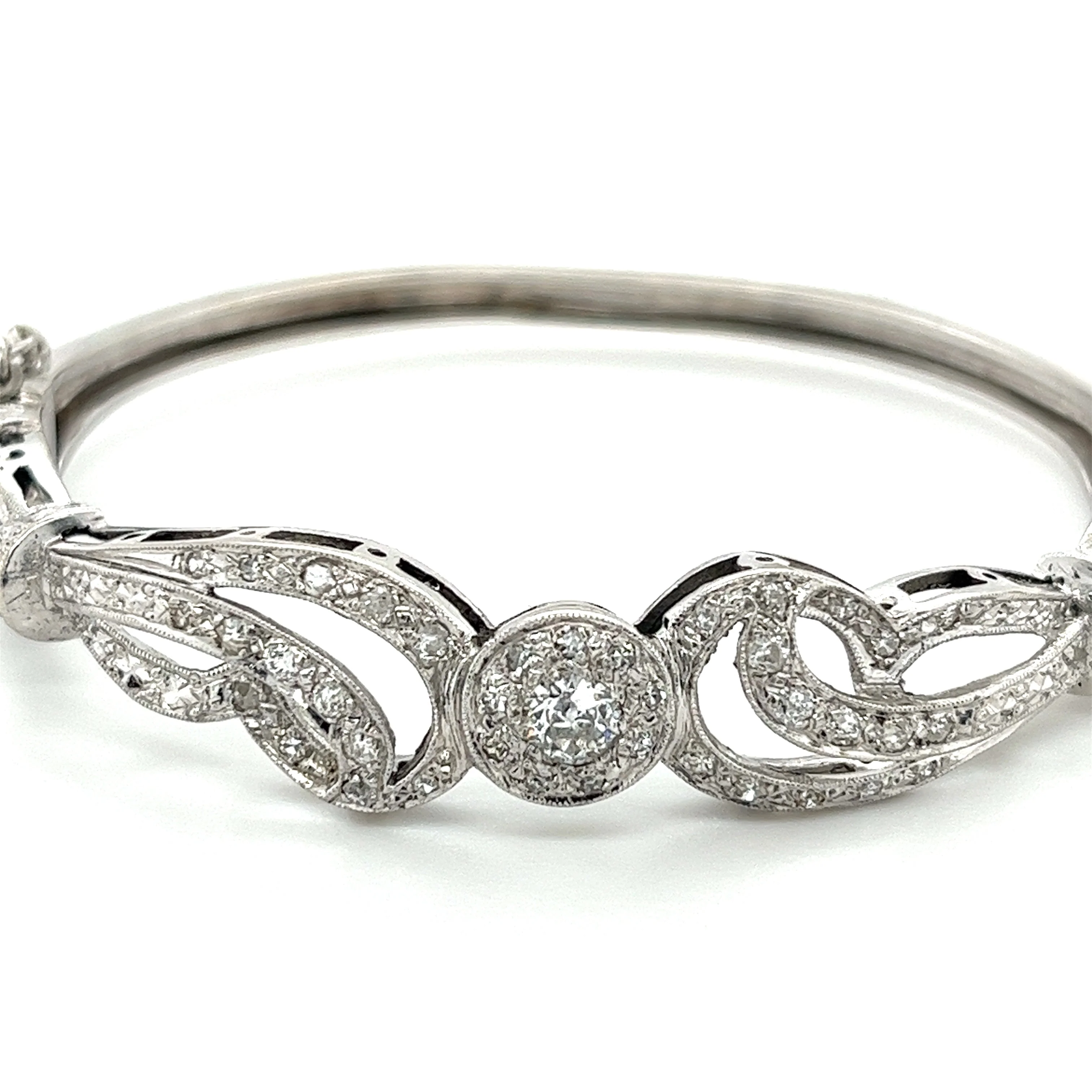 Vintage Retro Old European Cut Diamond Bangle with Filigree and Milgrain Finish in 14K White Gold - Image 2