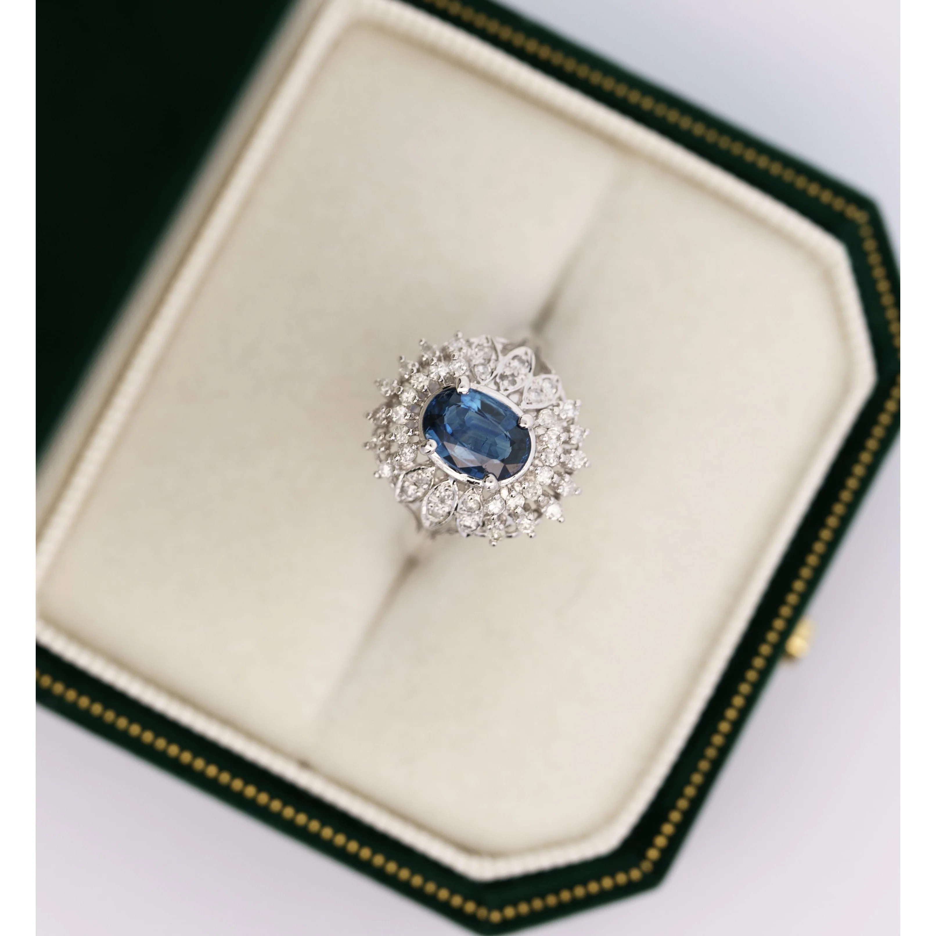 Vintage Platinum 1.18 Carat Oval Blue Sapphire & Diamond Halo Filigree Ring - Image 5