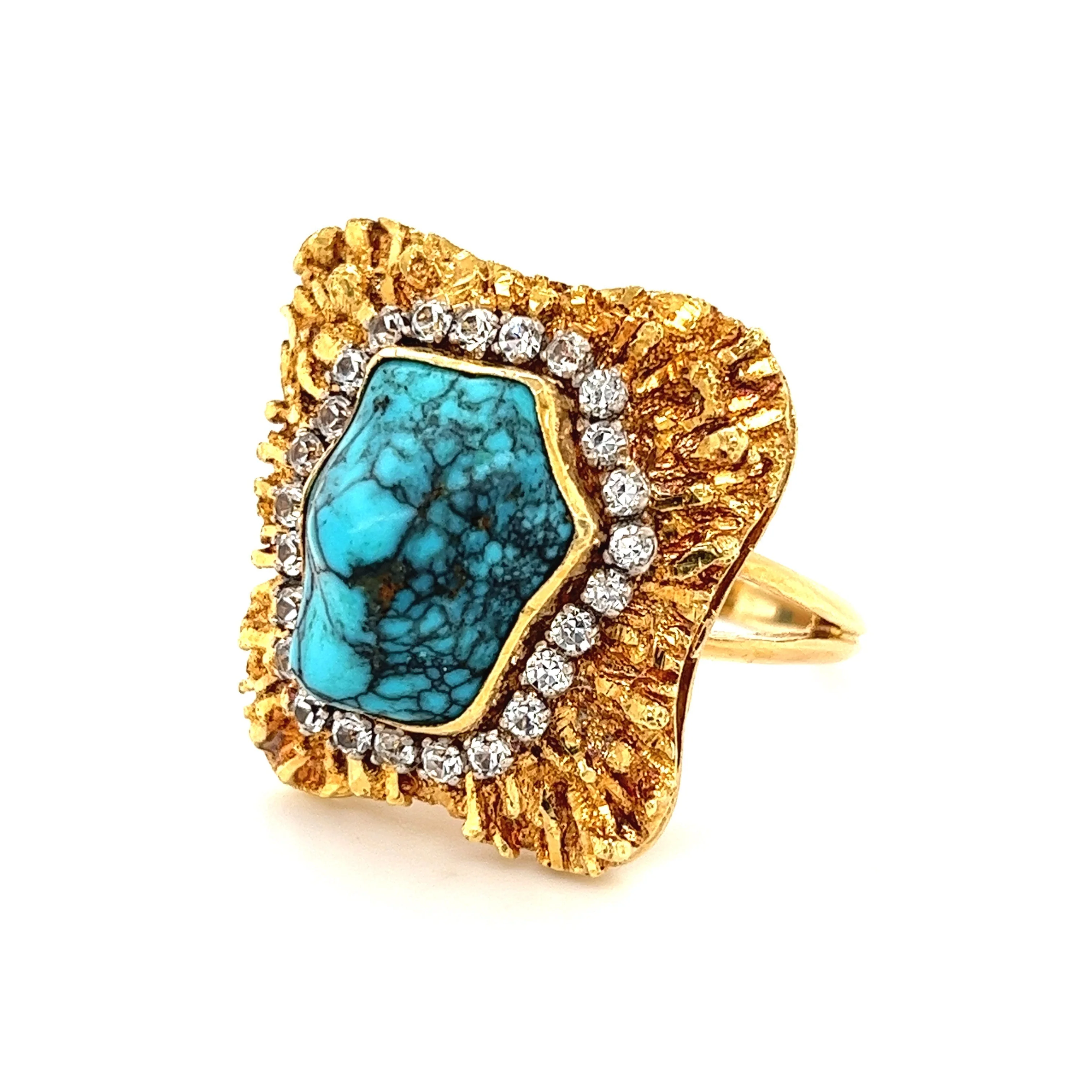 Vintage Raw Turquoise and Diamond Ring and Earring Set in 18k Gold - Image 3