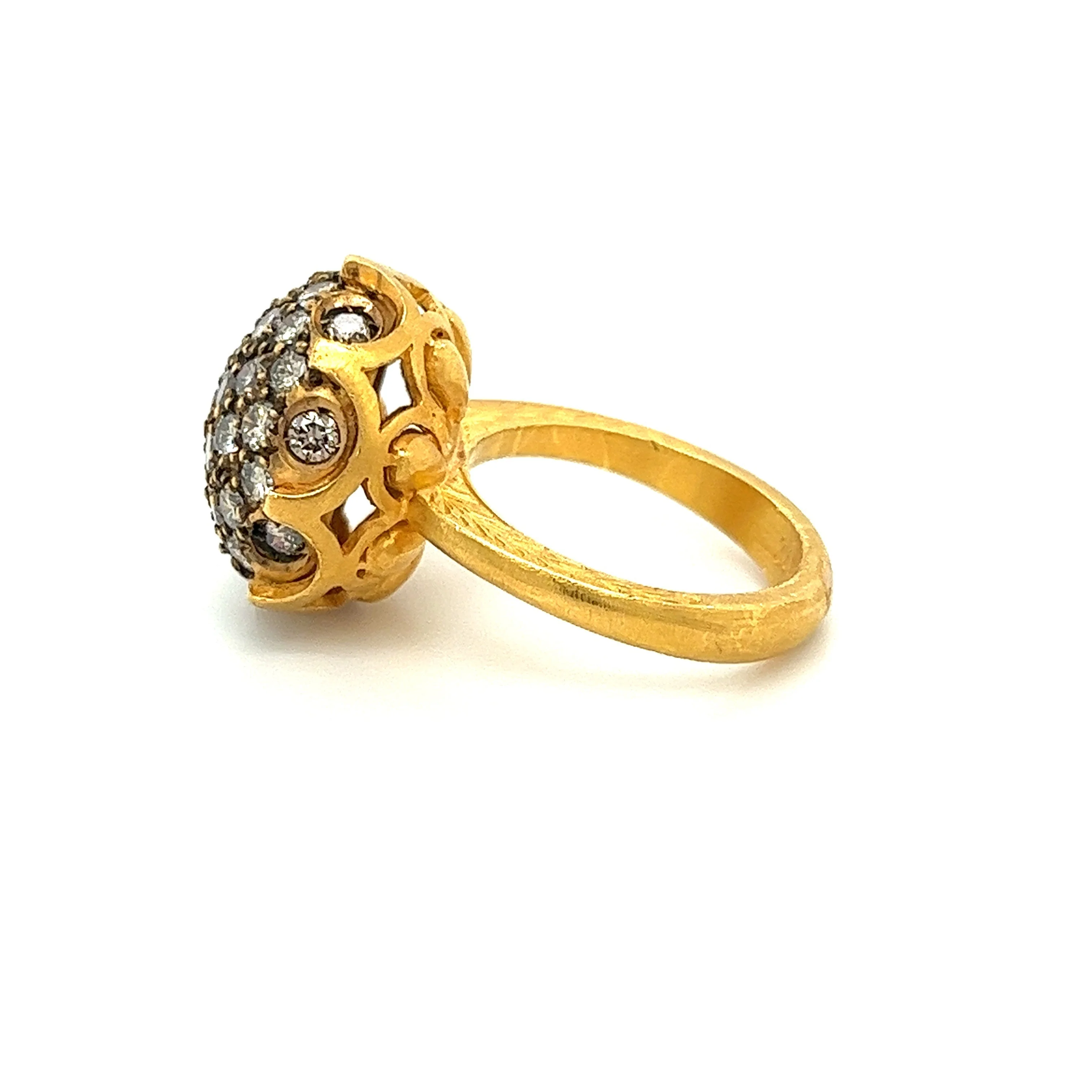 Vintage Retro 22K Carved Yellow Gold and Round Ball Diamond Cluster Ring - Image 2