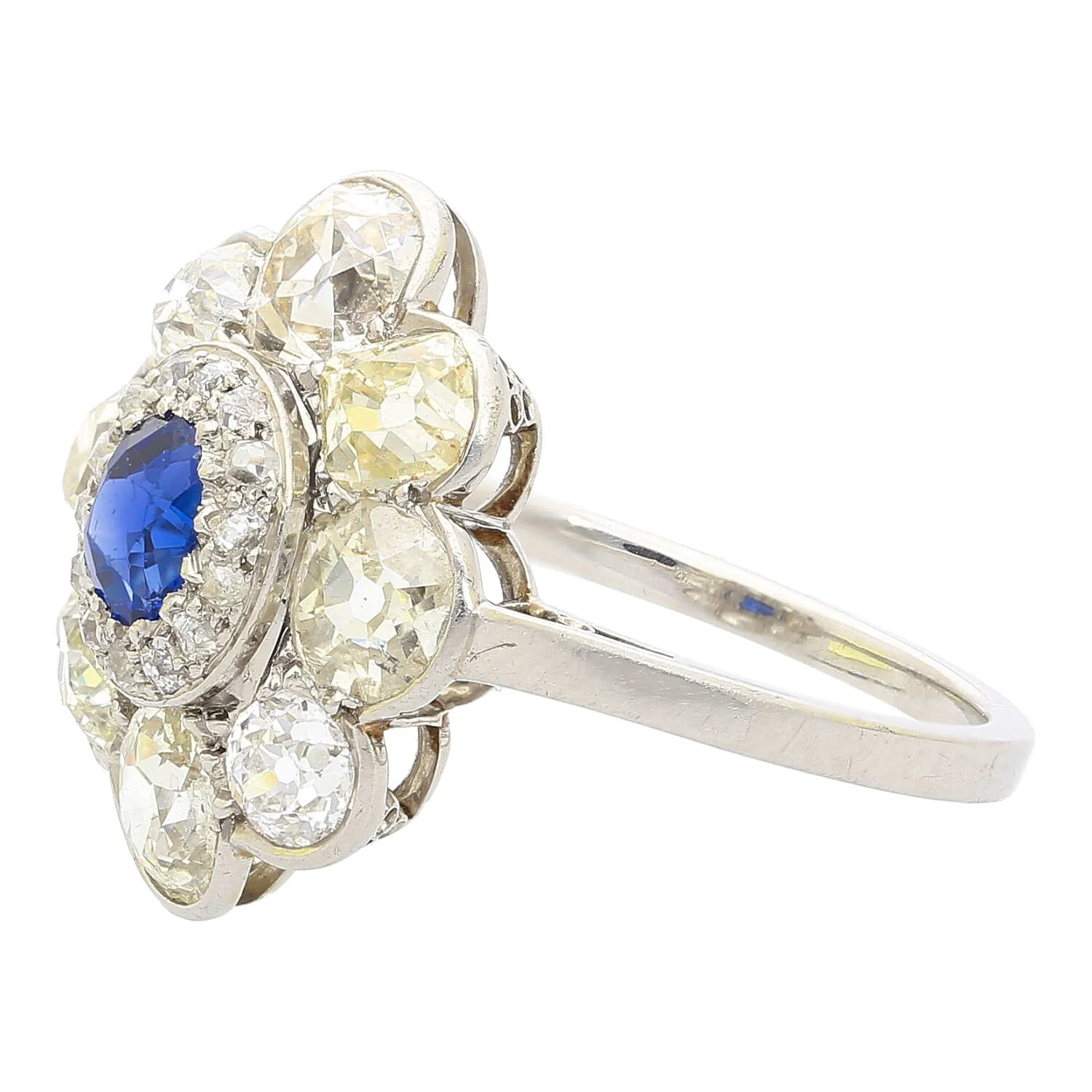 Vintage AGL Certified No Heat Burma Blue Sapphire and Old Euro Cut Diamond Ring in Platinum - Image 4