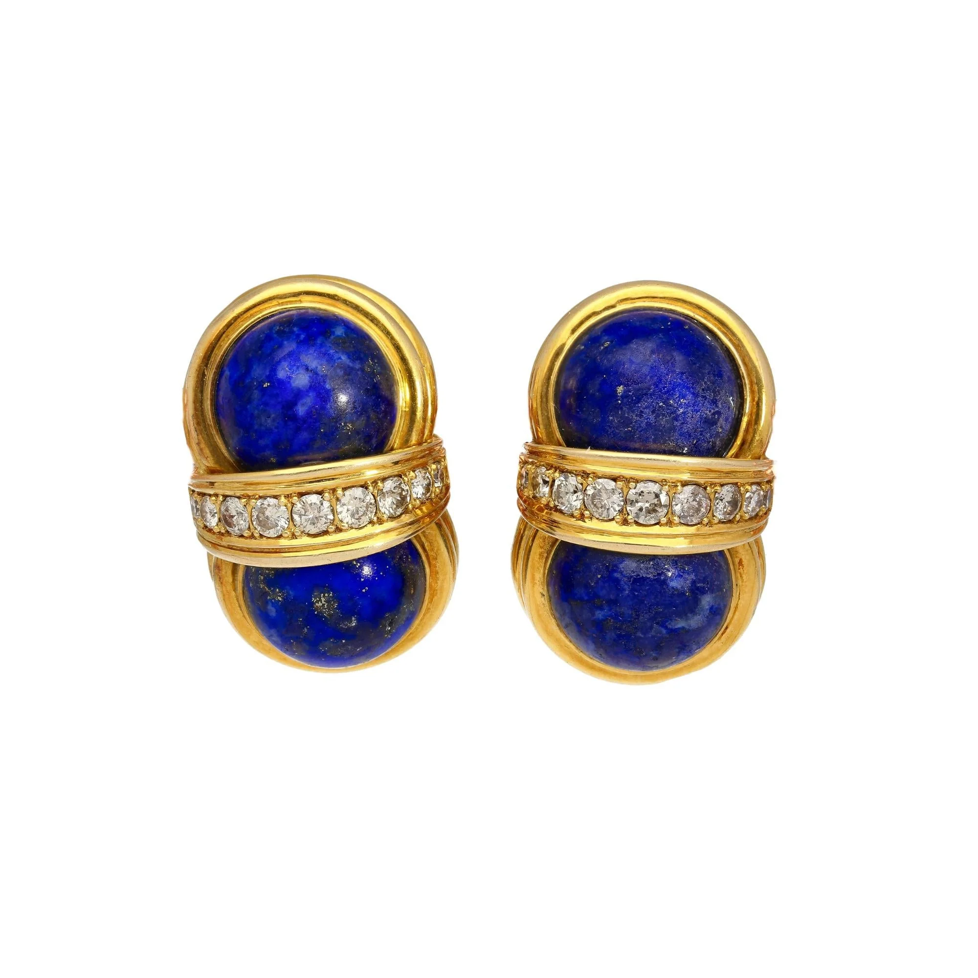 Vintage Retro Cabochon Lapis Lazuli 18K Gold Clip-On Earrings and Ring Set - Image 2