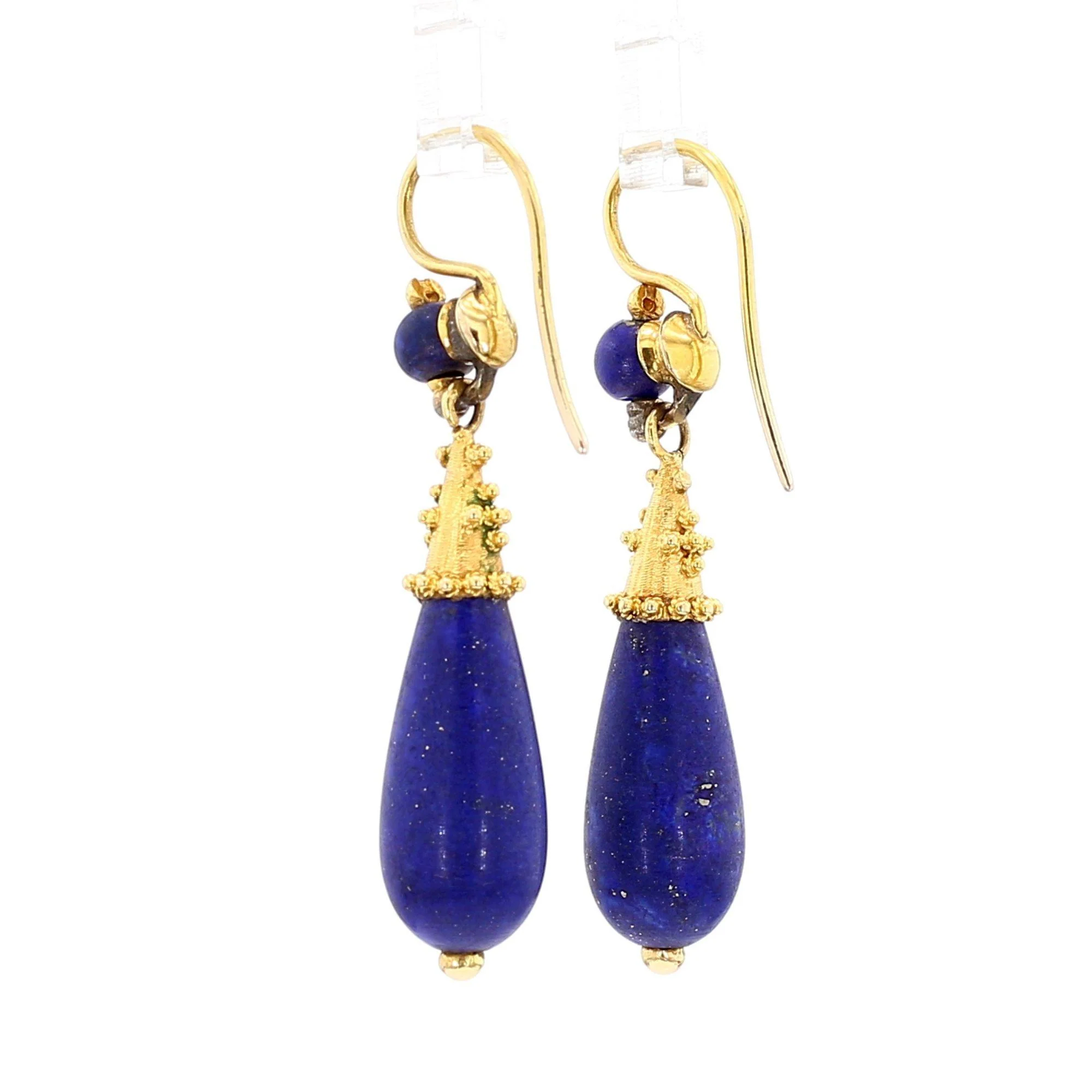Vintage Retro Lapis Lazuli 18K Gold Drop Earrings - Image 6