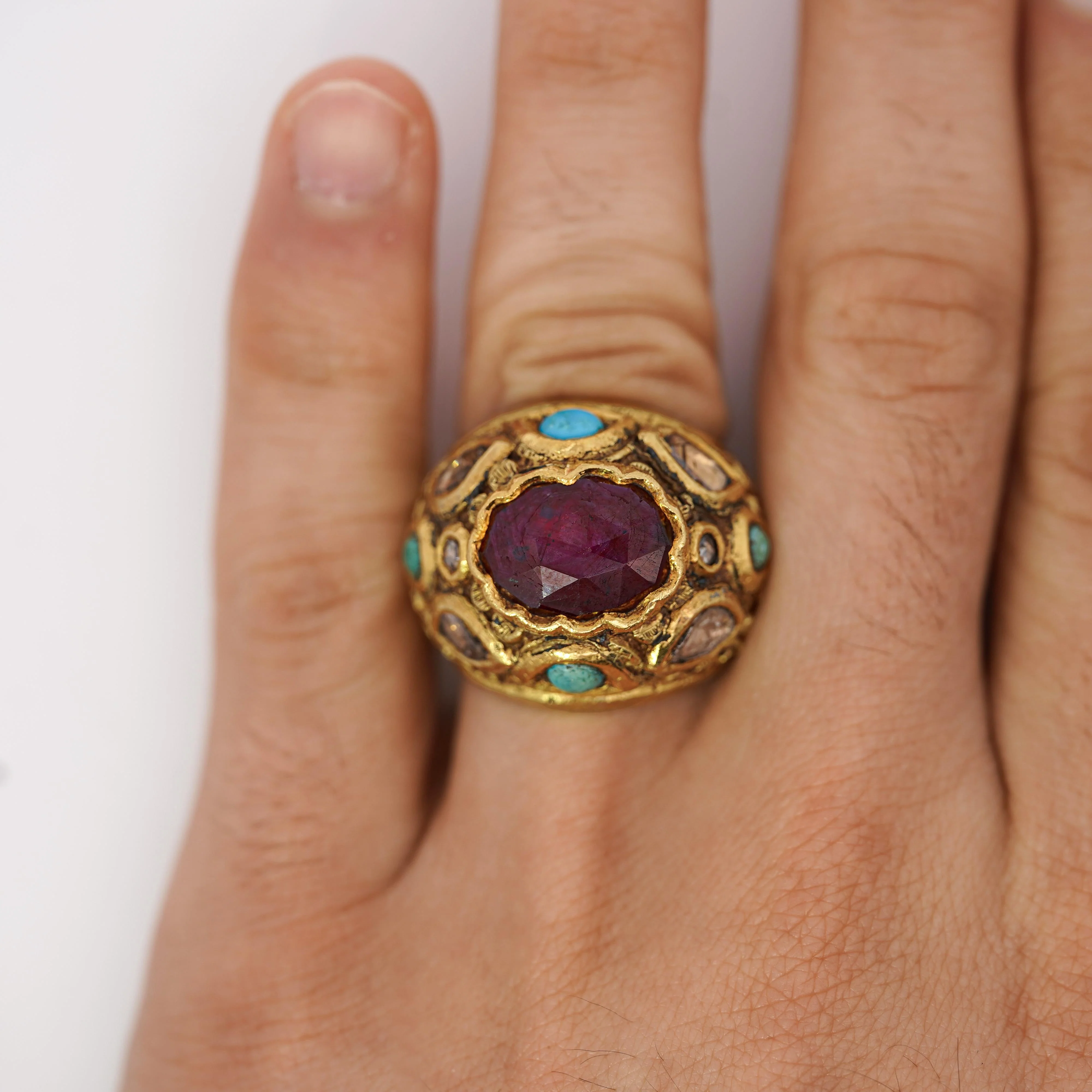 Vintage Ruby Rose Cut Diamond & Turquoise 18K Gold Ring - Image 3