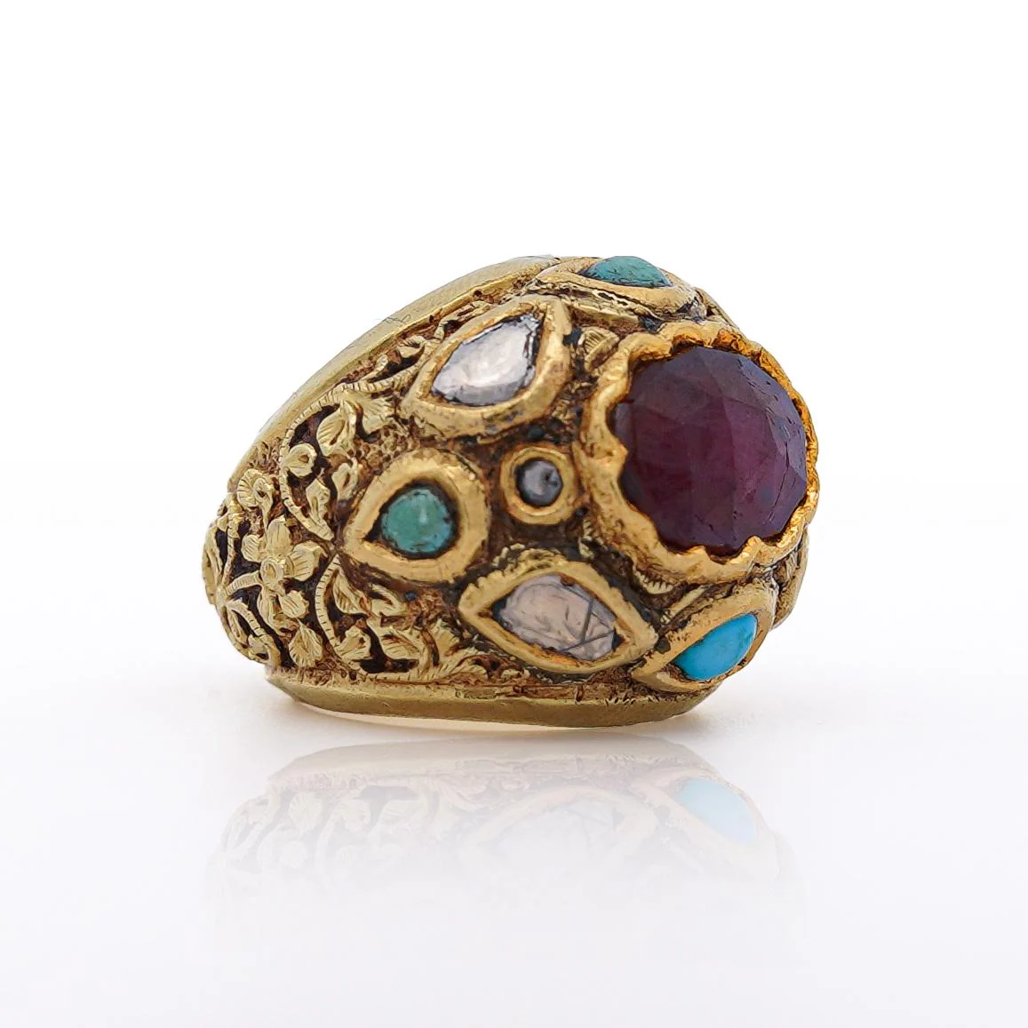 Vintage Ruby Rose Cut Diamond & Turquoise 18K Gold Ring - Image 5