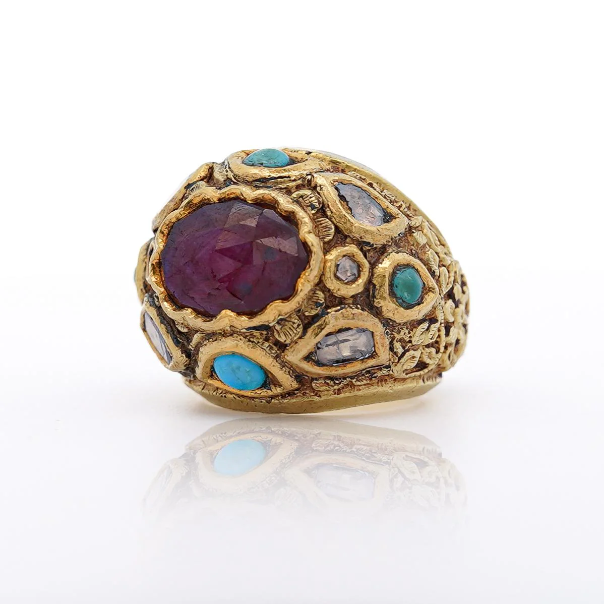 Vintage Ruby Rose Cut Diamond & Turquoise 18K Gold Ring - Image 6