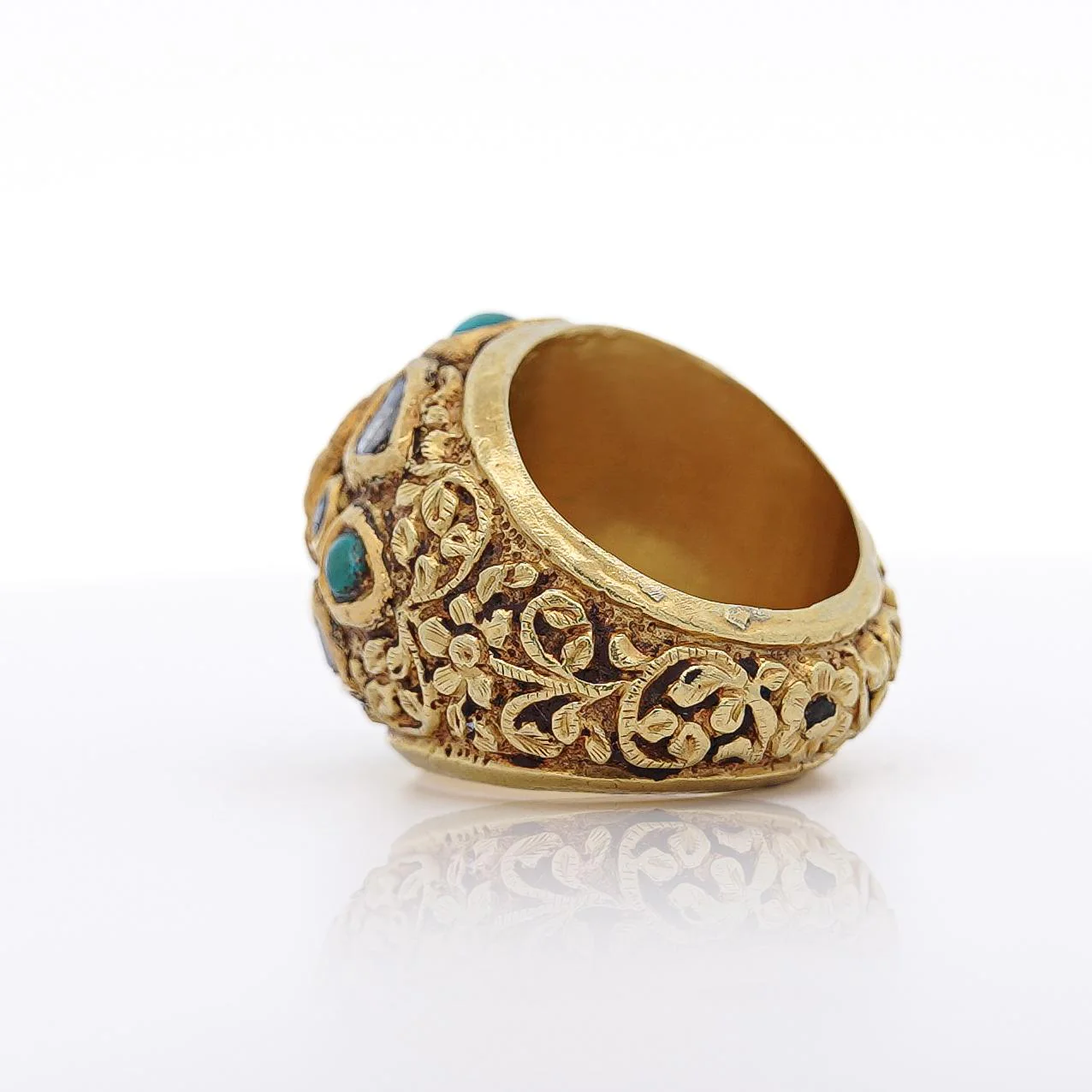 Vintage Ruby Rose Cut Diamond & Turquoise 18K Gold Ring - Image 7