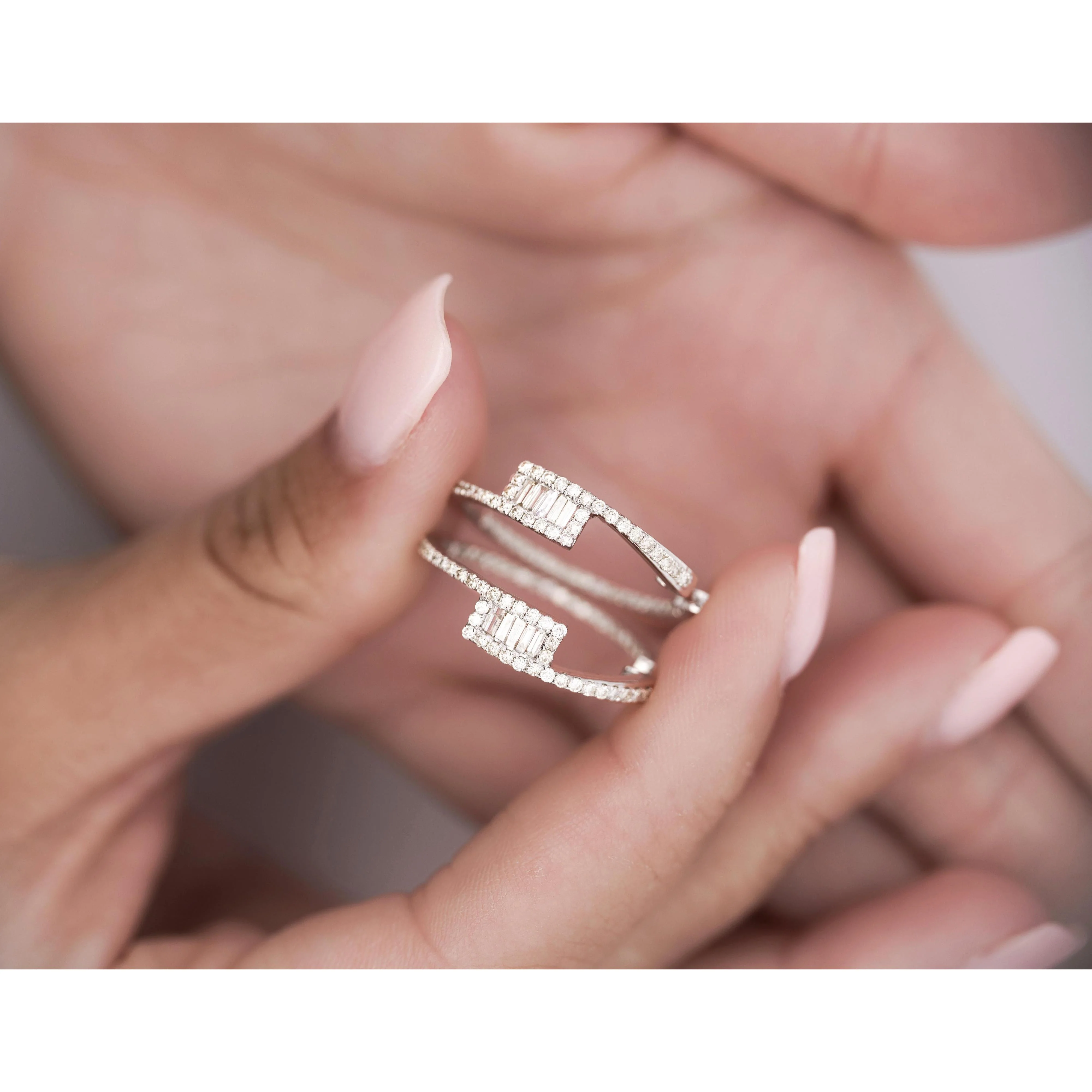 1 Carat Round and Baguette Diamond Bypass Hoop White Gold Earrings - Image 2