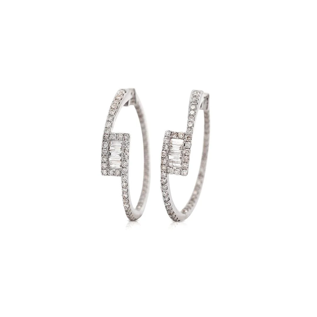 1 Carat Round and Baguette Diamond Bypass Hoop White Gold Earrings - Image 3
