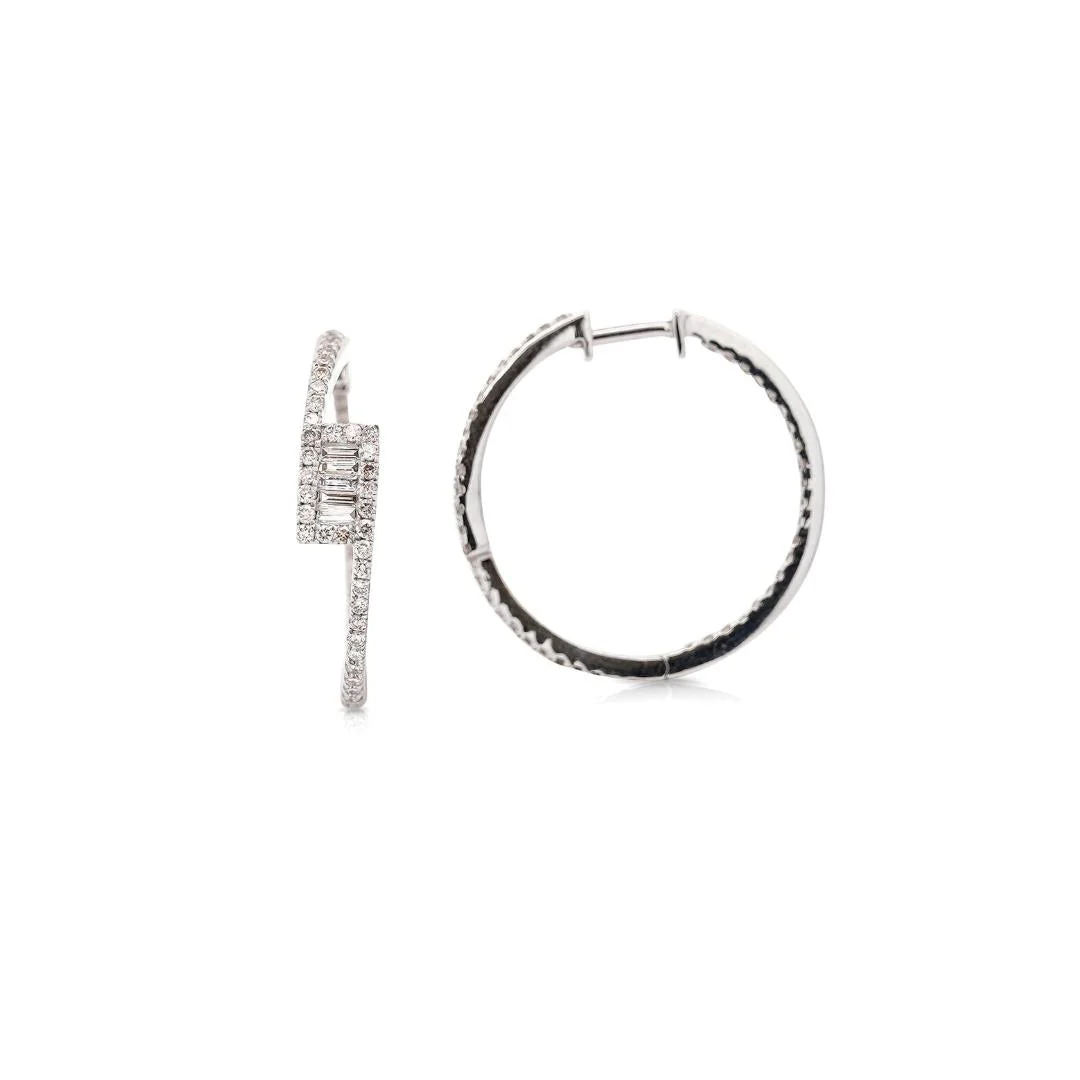 1 Carat Round and Baguette Diamond Bypass Hoop White Gold Earrings - Image 4