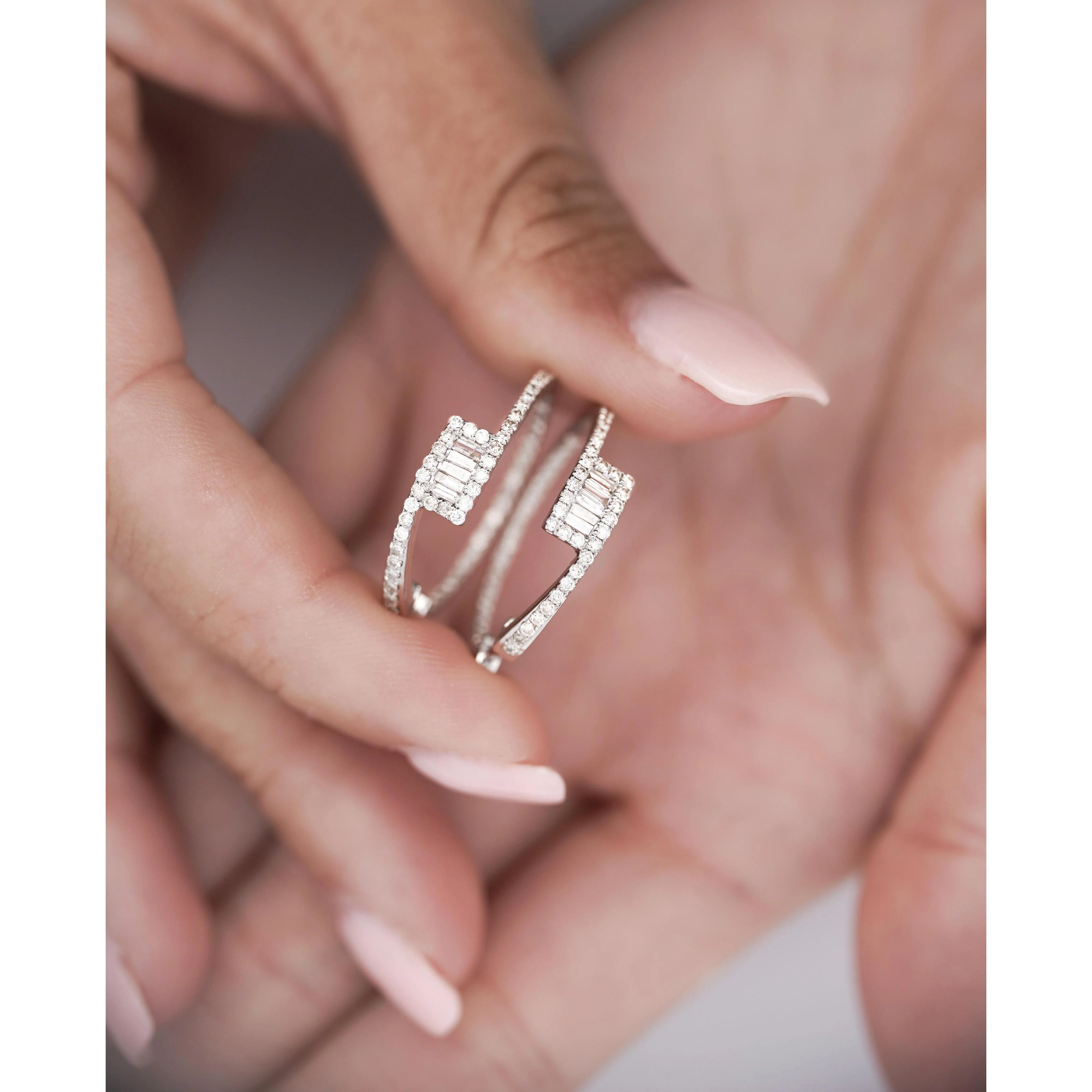 1 Carat Round and Baguette Diamond Bypass Hoop White Gold Earrings - Image 5