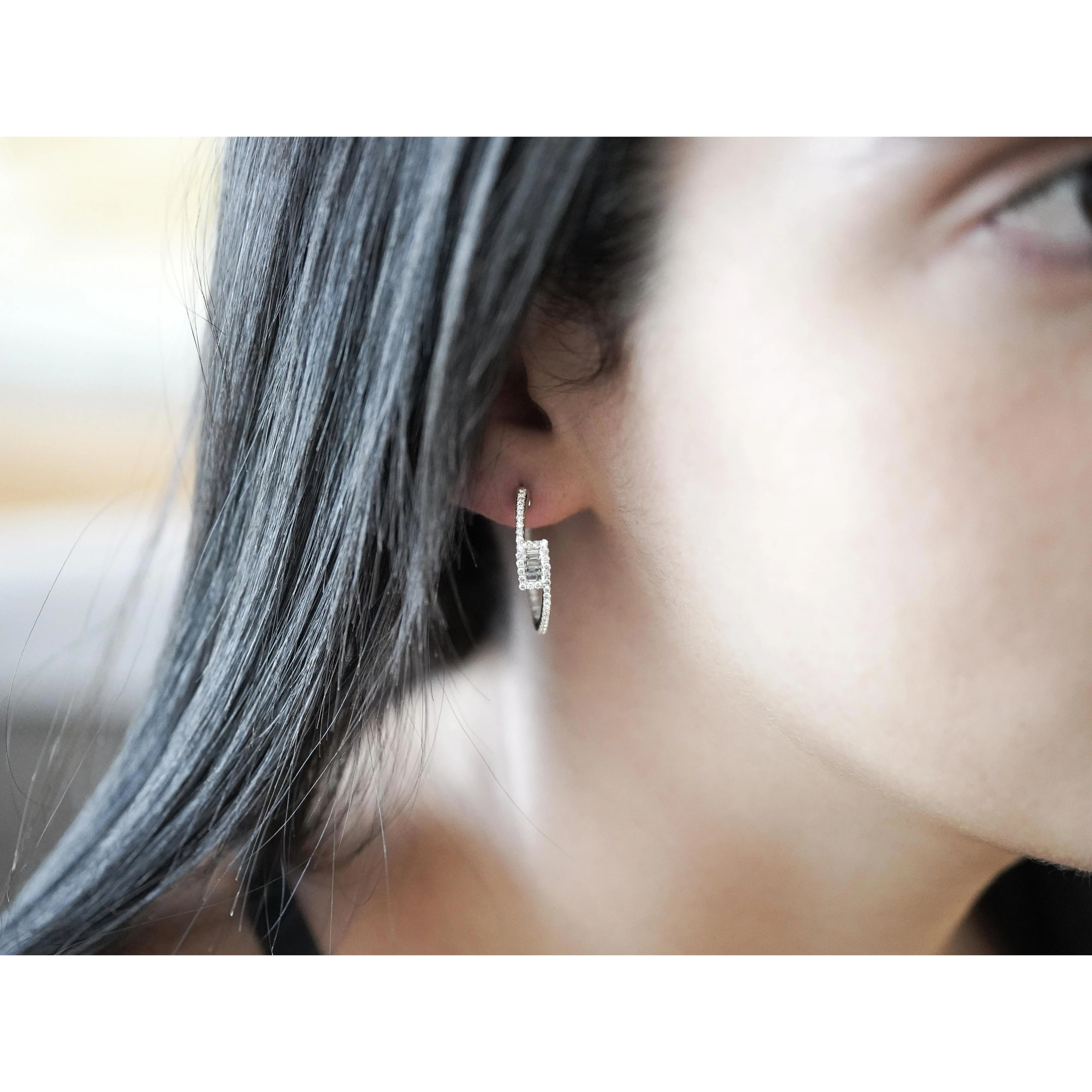 1 Carat Round and Baguette Diamond Bypass Hoop White Gold Earrings - Image 6