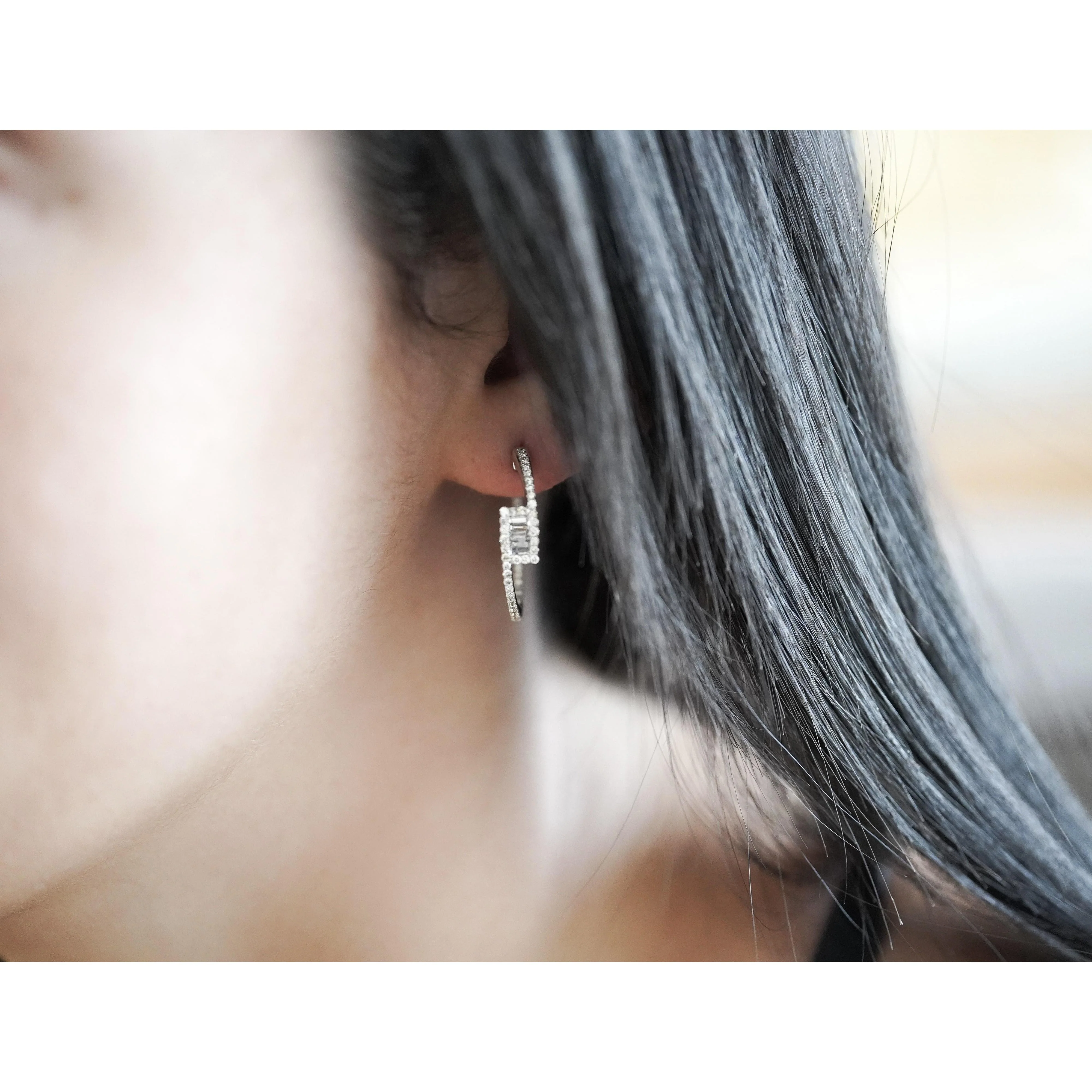 1 Carat Round and Baguette Diamond Bypass Hoop White Gold Earrings - Image 7